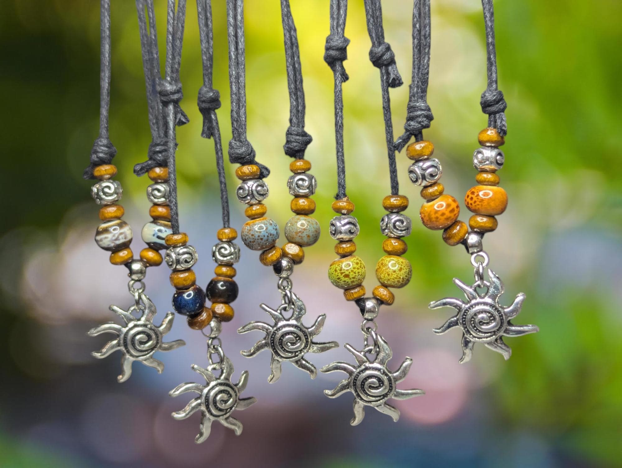 NoctemPottery Spiral Swirl Sun Silver Charm Ceramic Beaded Pendant Necklace