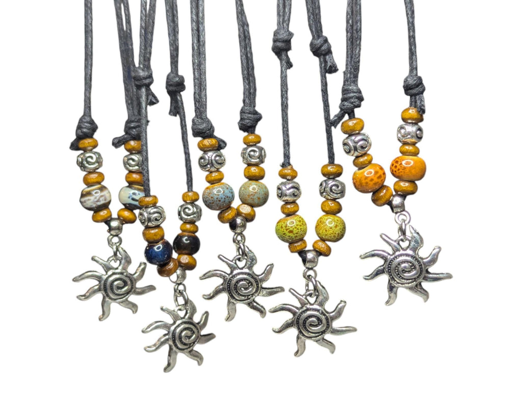 NoctemPottery Spiral Swirl Sun Silver Charm Ceramic Beaded Pendant Necklace