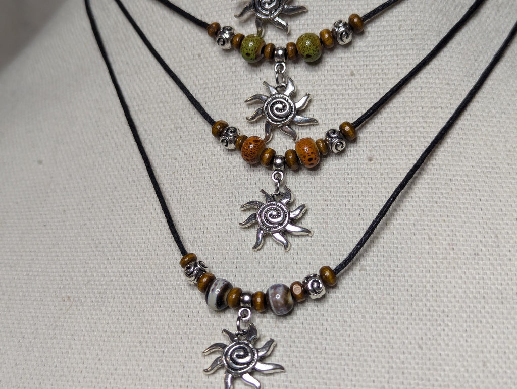 NoctemPottery Spiral Swirl Sun Silver Charm Ceramic Beaded Pendant Necklace