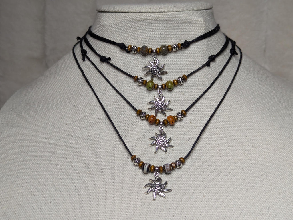 NoctemPottery Spiral Swirl Sun Silver Charm Ceramic Beaded Pendant Necklace