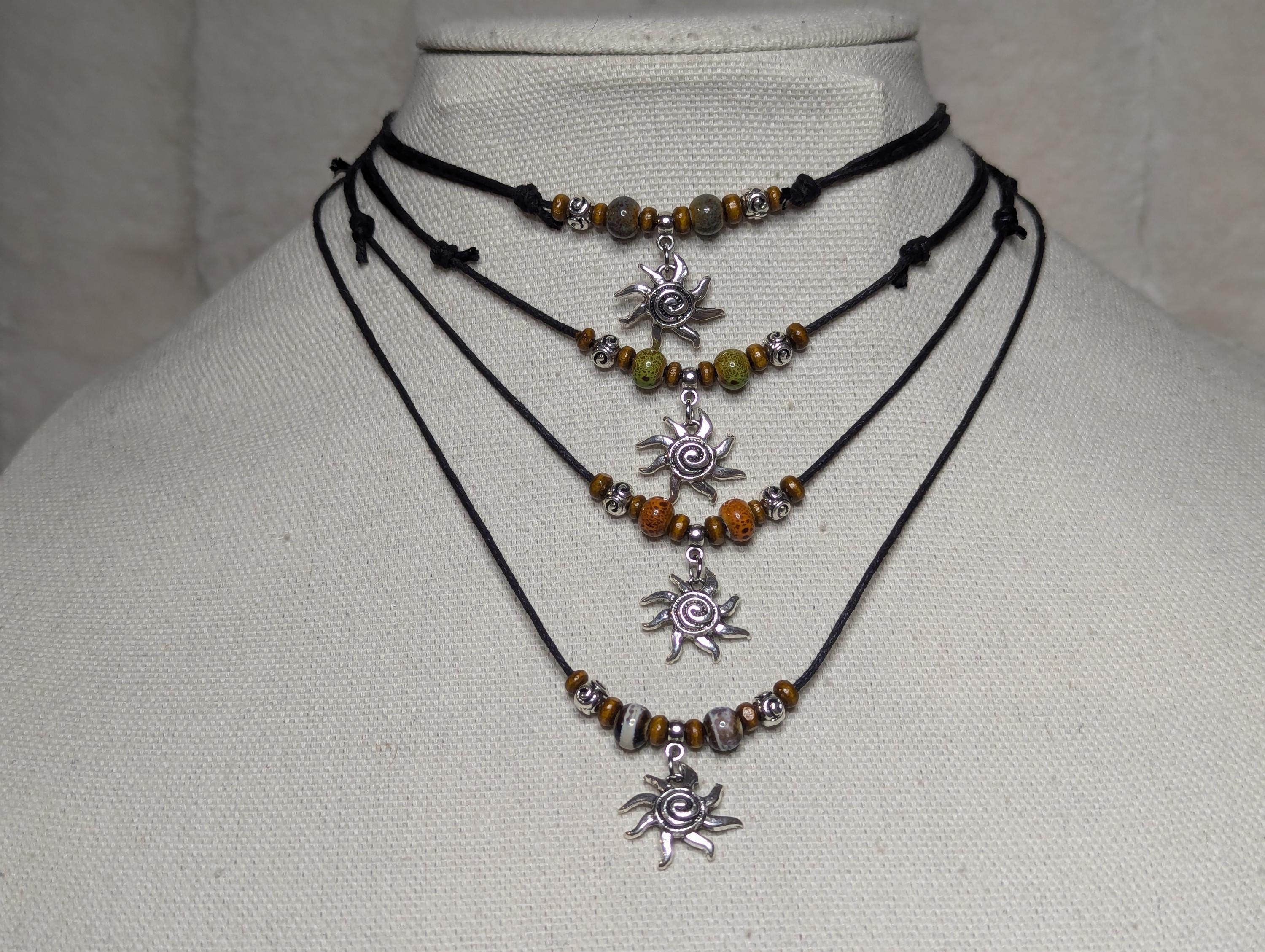 NoctemPottery Spiral Swirl Sun Silver Charm Ceramic Beaded Pendant Necklace