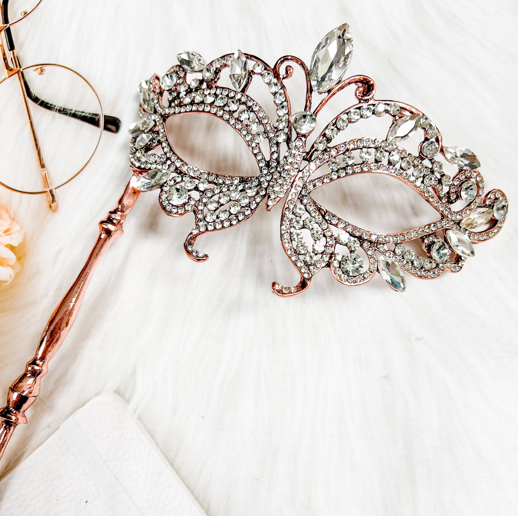 HappyJewelryWorld Crystal Butterfly Masquerade Mask with Stick Rose Gold