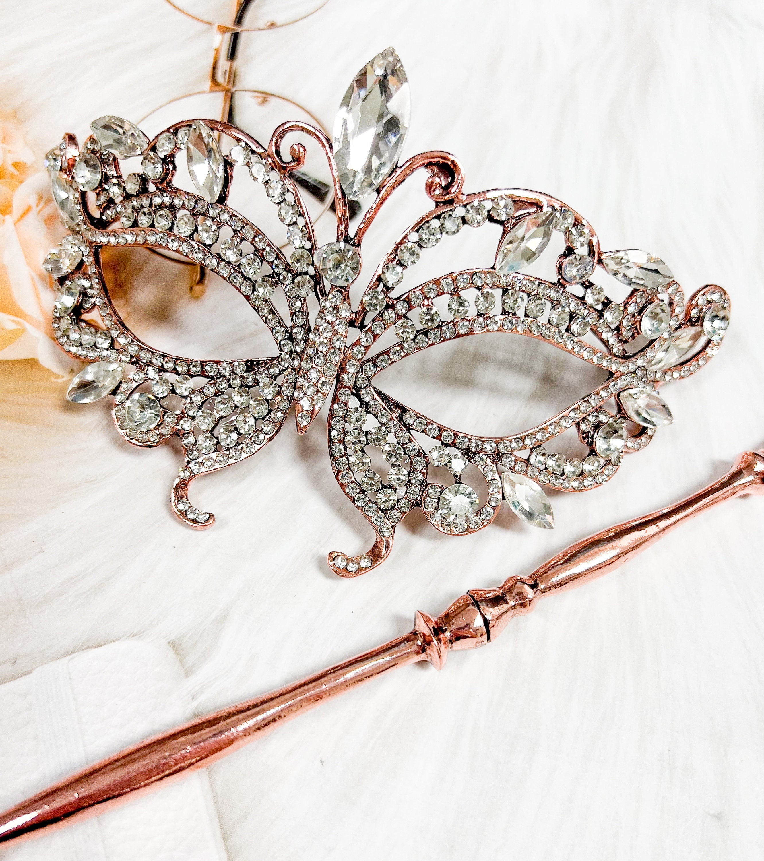 HappyJewelryWorld Crystal Butterfly Masquerade Mask with Stick Rose Gold