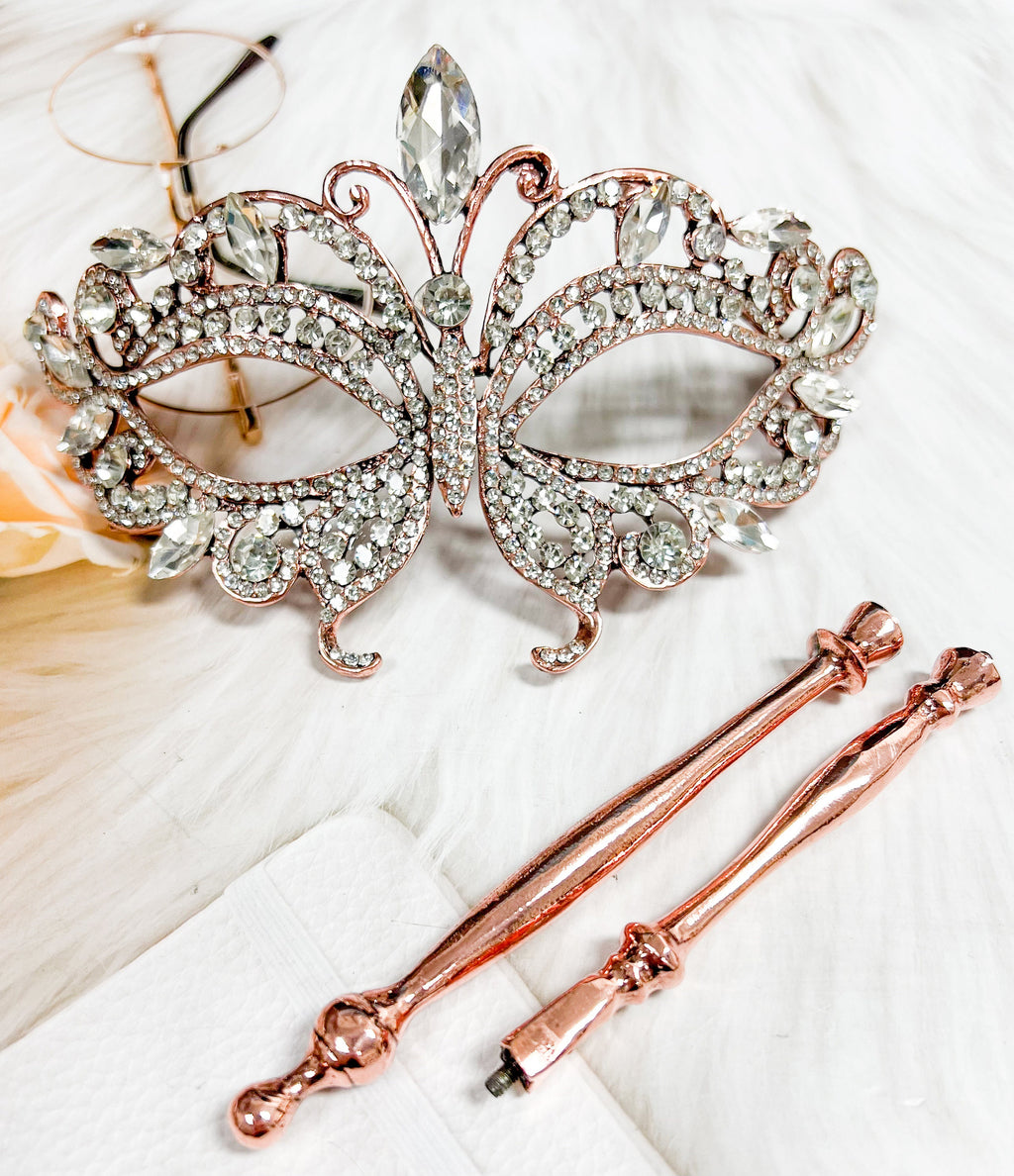 HappyJewelryWorld Crystal Butterfly Masquerade Mask with Stick Rose Gold