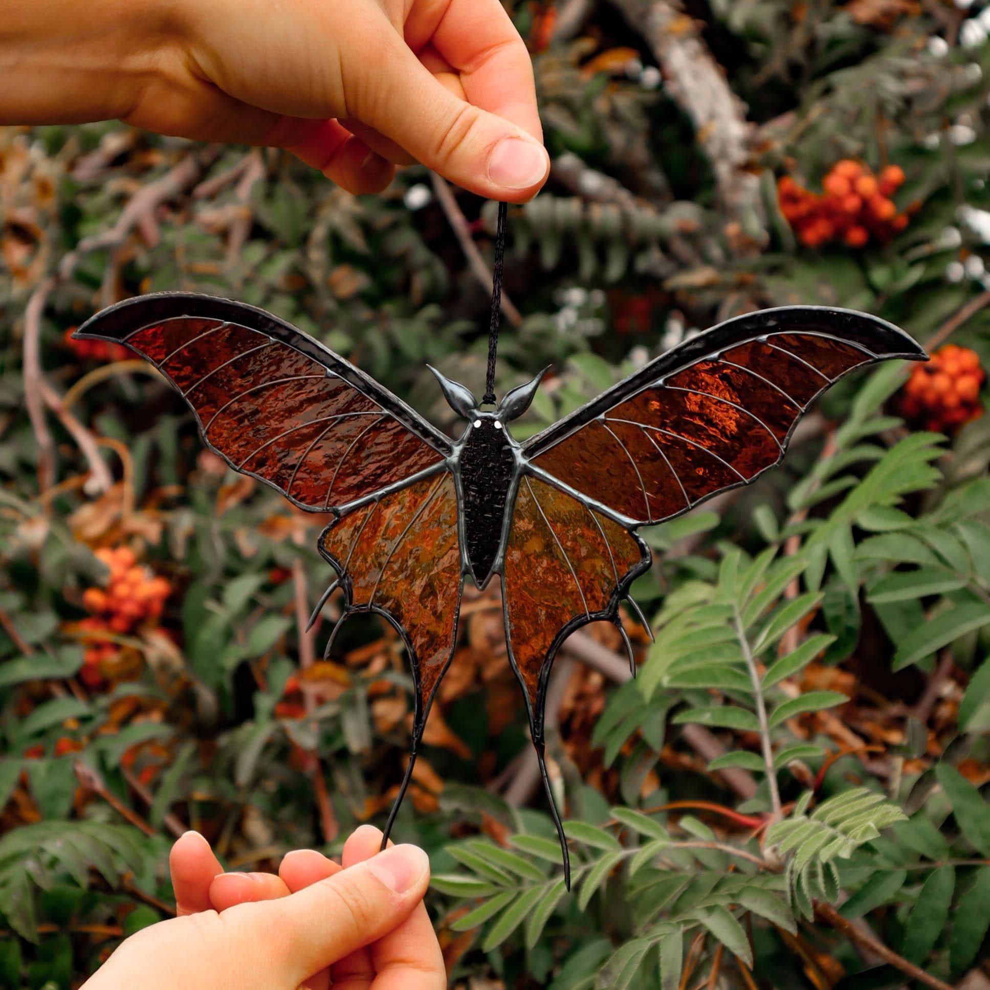 SunStainedGlassUA Bat Butterfly Stained Glass Suncatcher 7.7in Halloween Home Decor