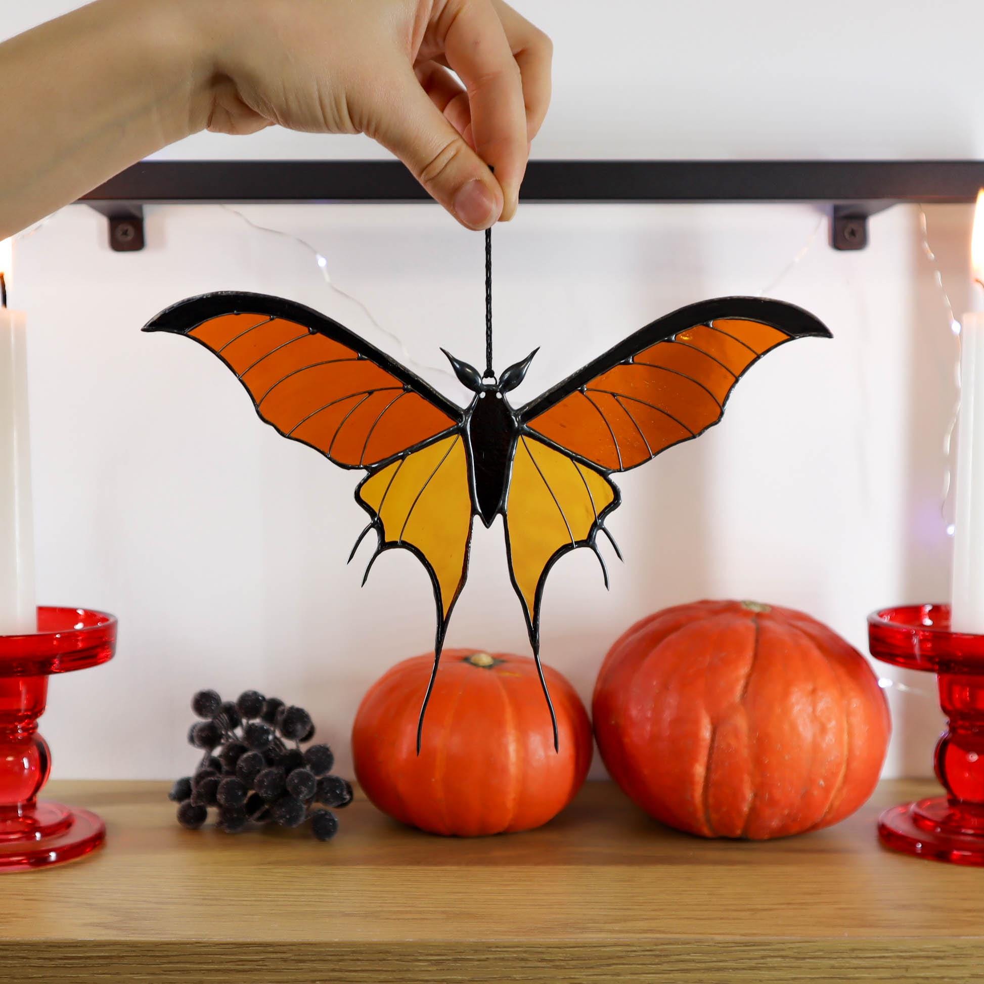 SunStainedGlassUA Bat Butterfly Stained Glass Suncatcher 7.7in Halloween Home Decor