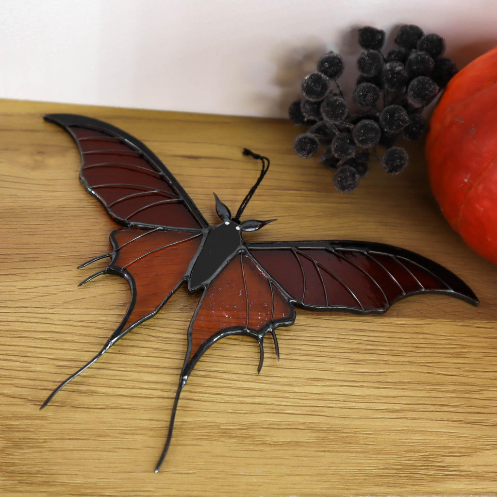 SunStainedGlassUA Bat Butterfly Stained Glass Suncatcher 7.7in Halloween Home Decor