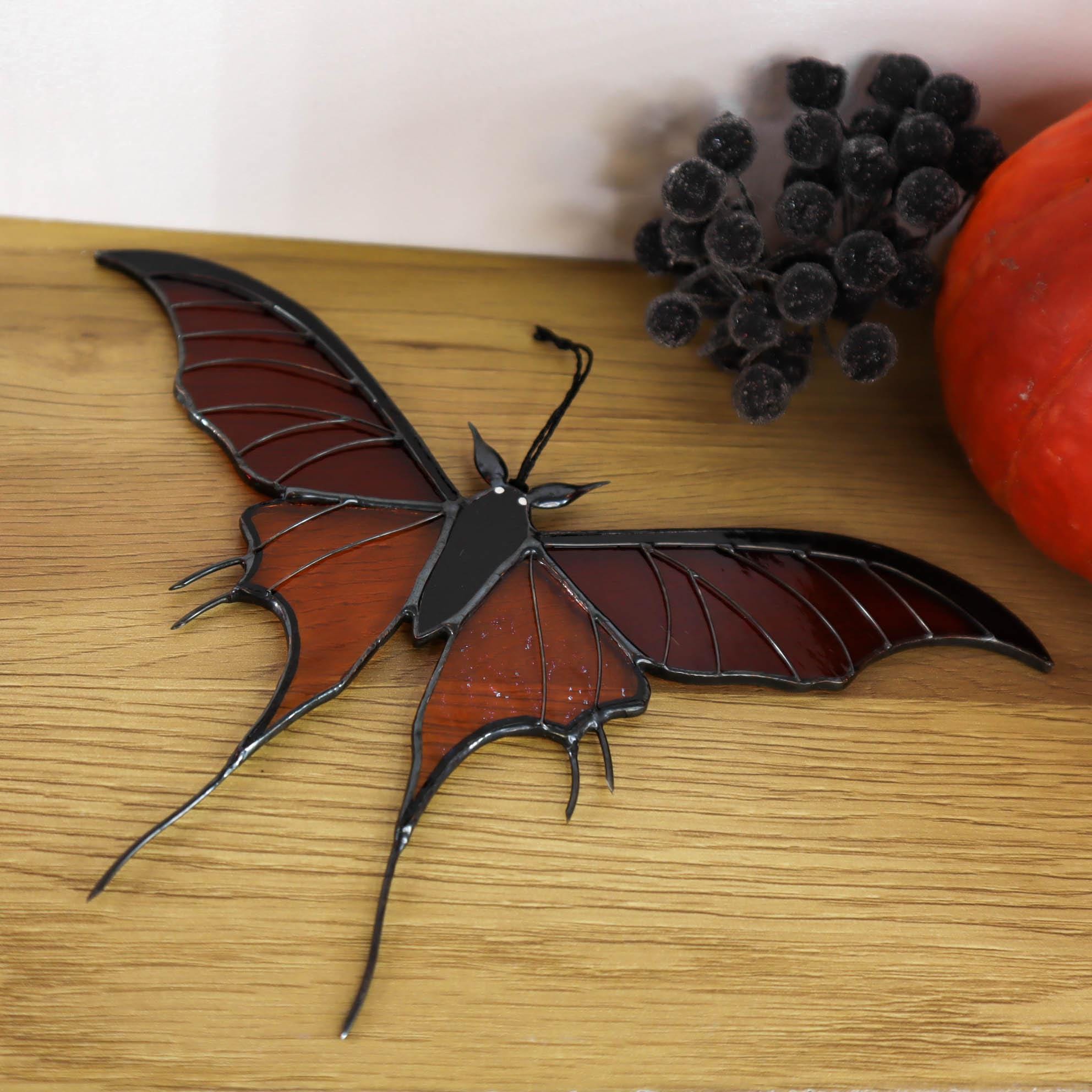 SunStainedGlassUA Bat Butterfly Stained Glass Suncatcher 7.7in Halloween Home Decor
