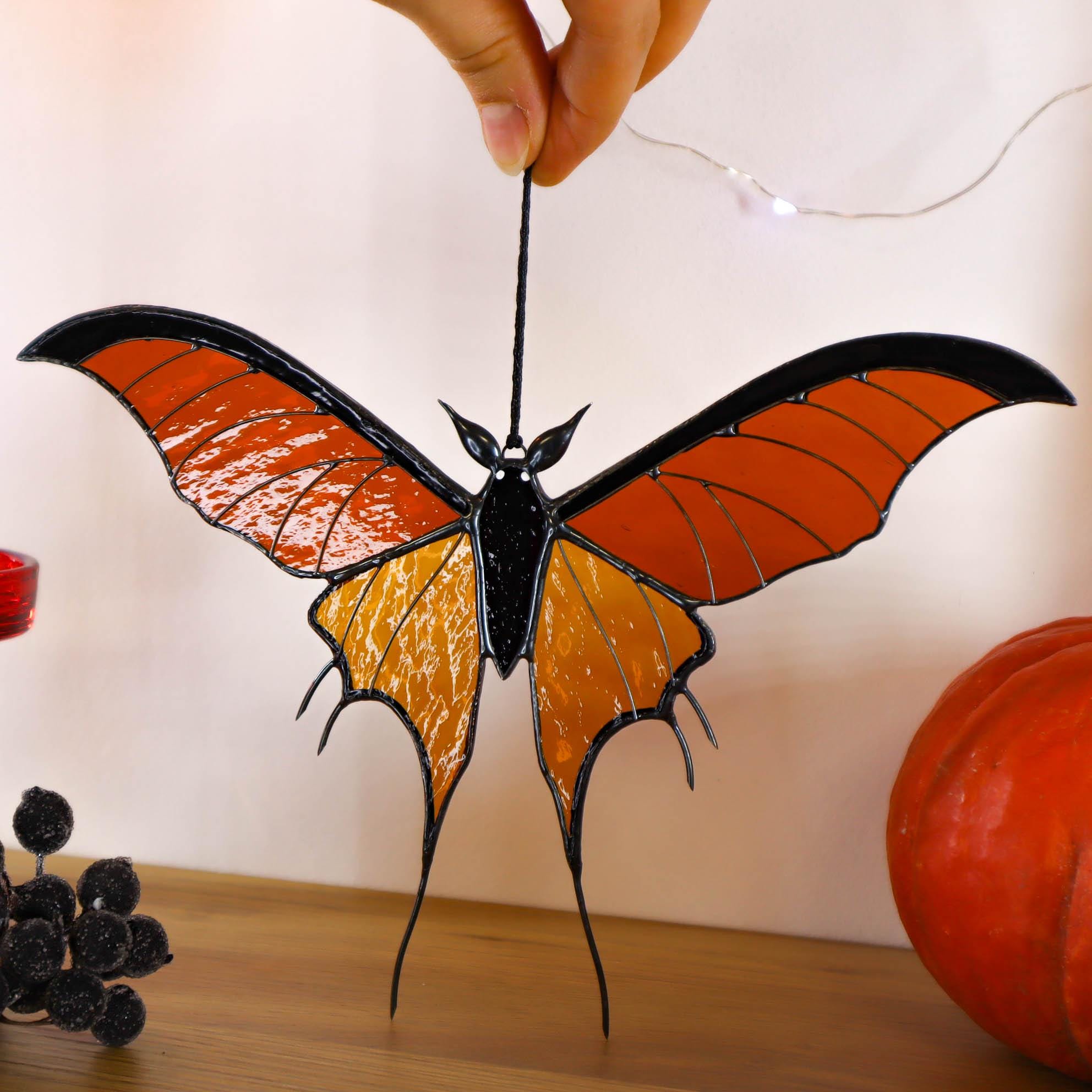 SunStainedGlassUA Bat Butterfly Stained Glass Suncatcher 7.7in Halloween Home Decor