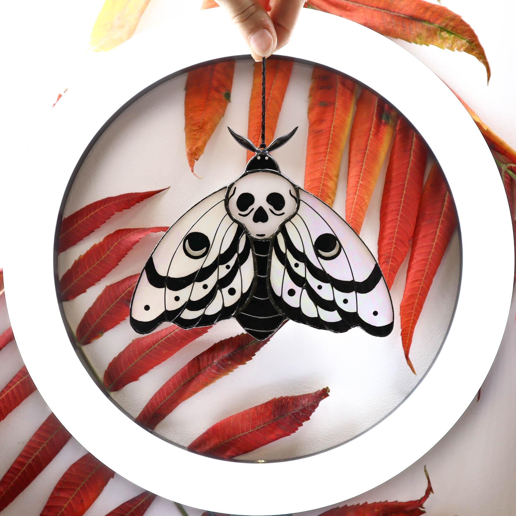 SunStainedGlassUA Skull Moth Stained Glass Suncatcher Iridescent