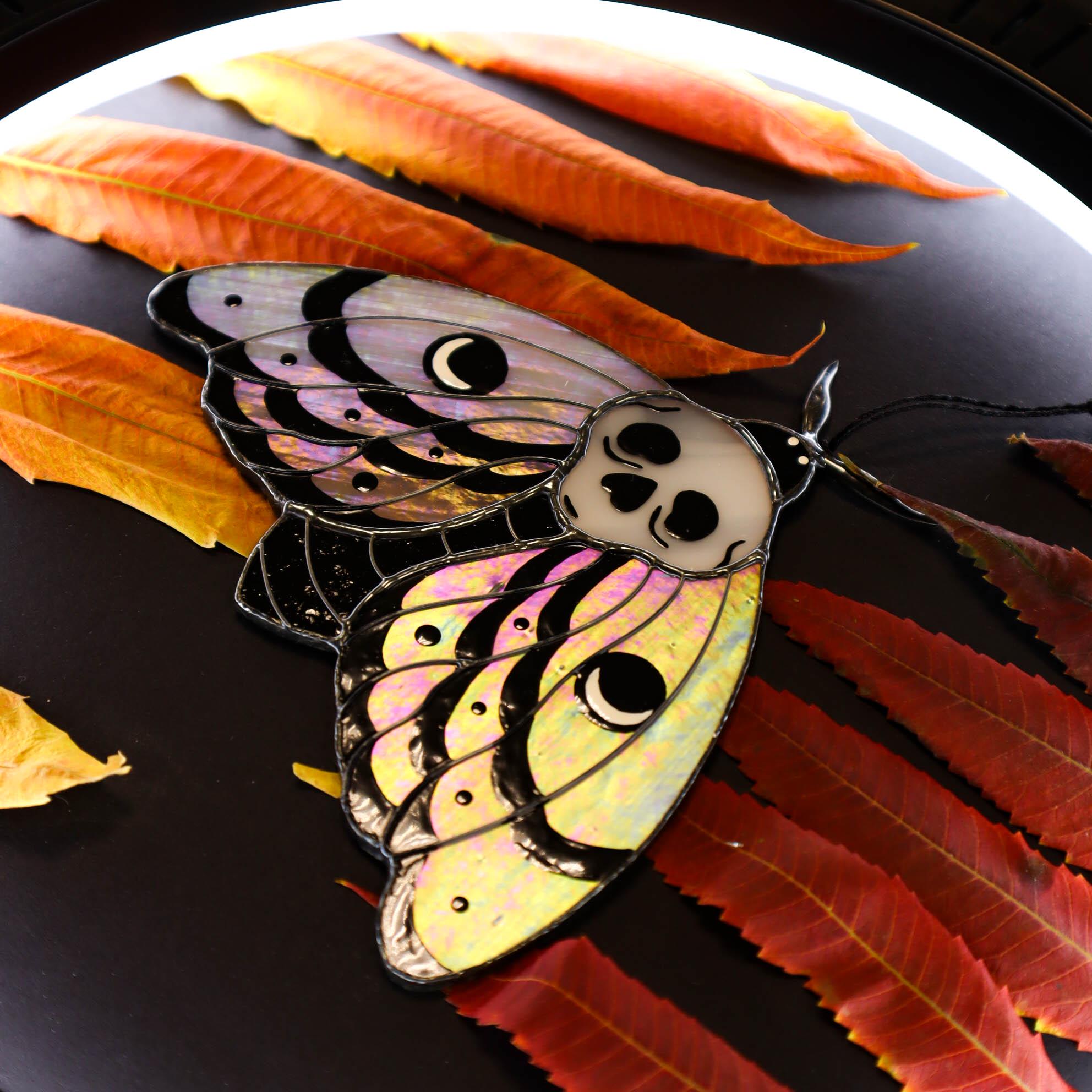 SunStainedGlassUA Skull Moth Stained Glass Suncatcher Iridescent