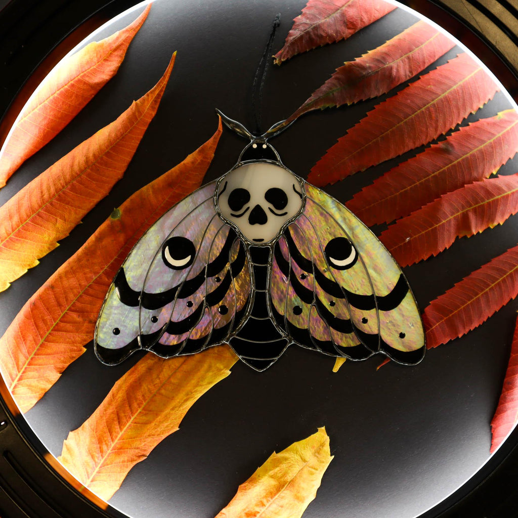 SunStainedGlassUA Skull Moth Stained Glass Suncatcher Iridescent