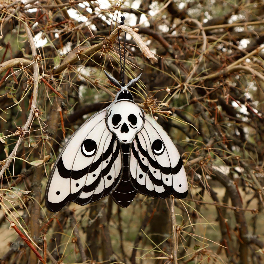 SunStainedGlassUA Skull Moth Stained Glass Suncatcher Iridescent