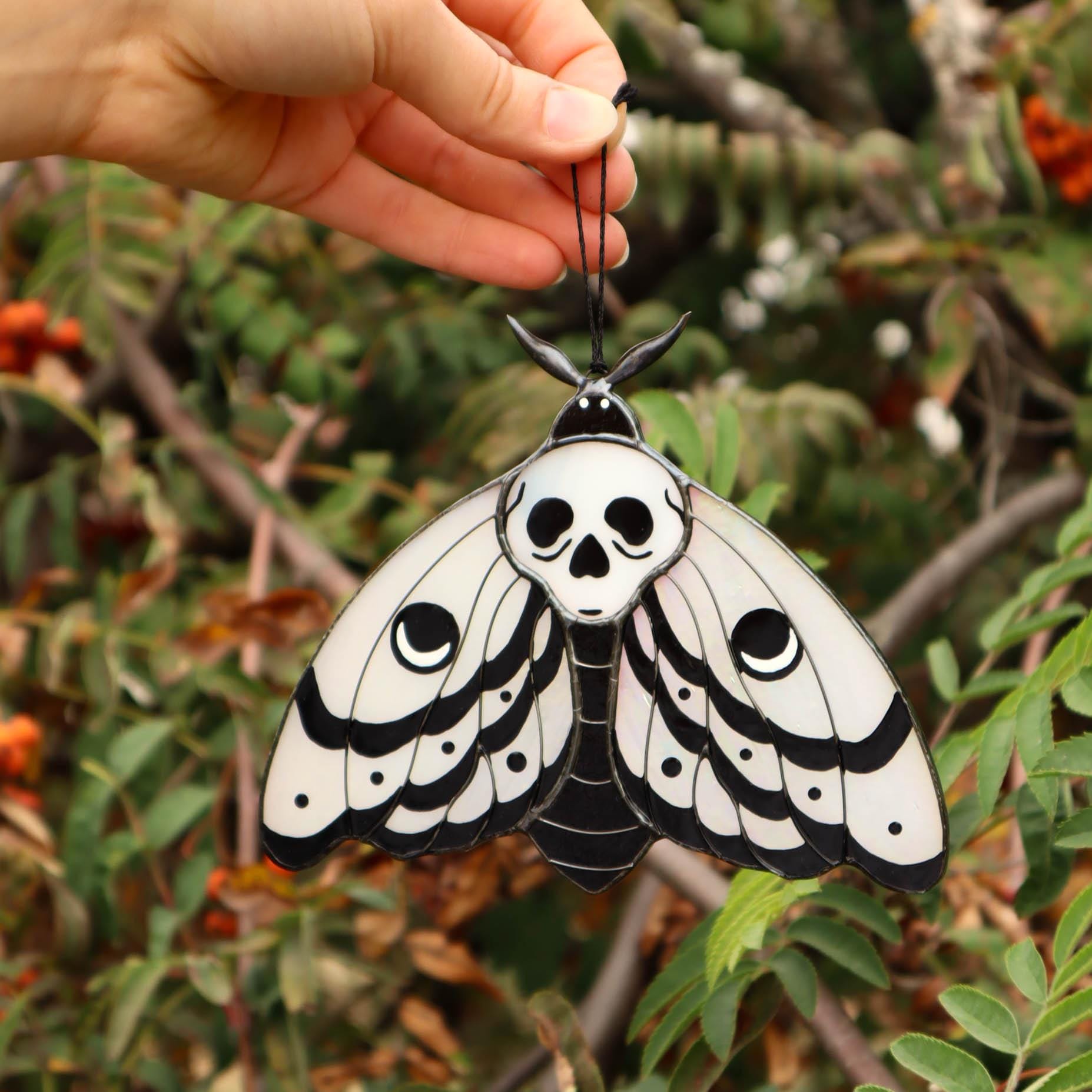 SunStainedGlassUA Skull Moth Stained Glass Suncatcher Iridescent