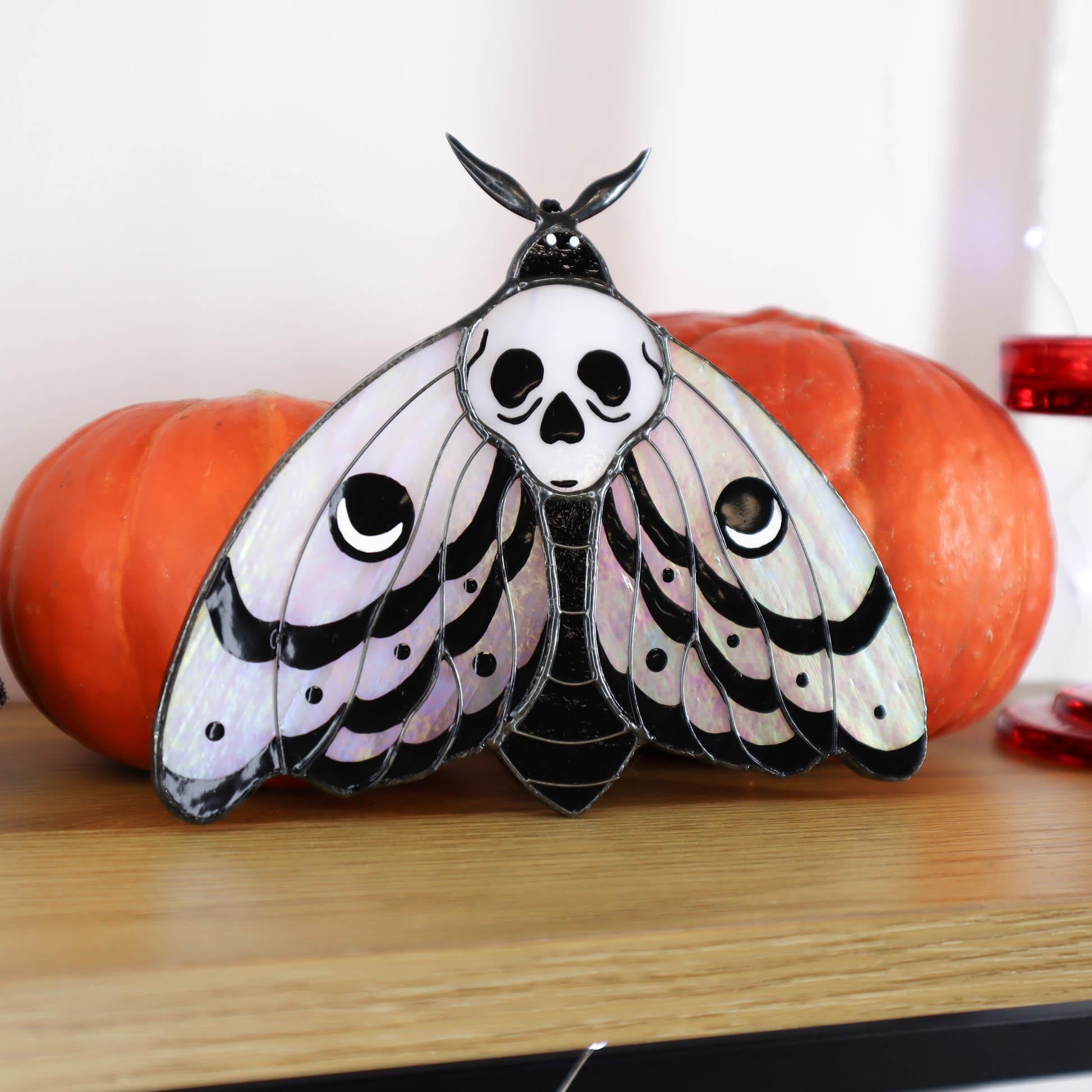 SunStainedGlassUA Skull Moth Stained Glass Suncatcher Iridescent