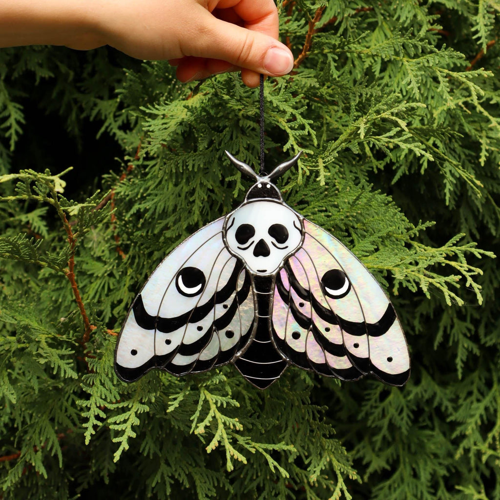 SunStainedGlassUA Skull Moth Stained Glass Suncatcher Iridescent