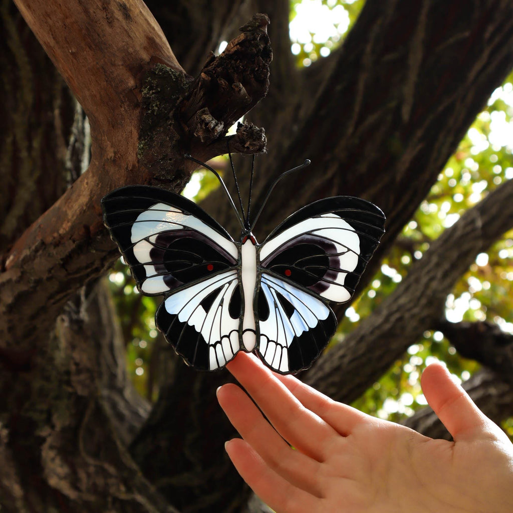 SunStainedGlassUA Skull Butterfly Stained Glass Suncatcher Black White