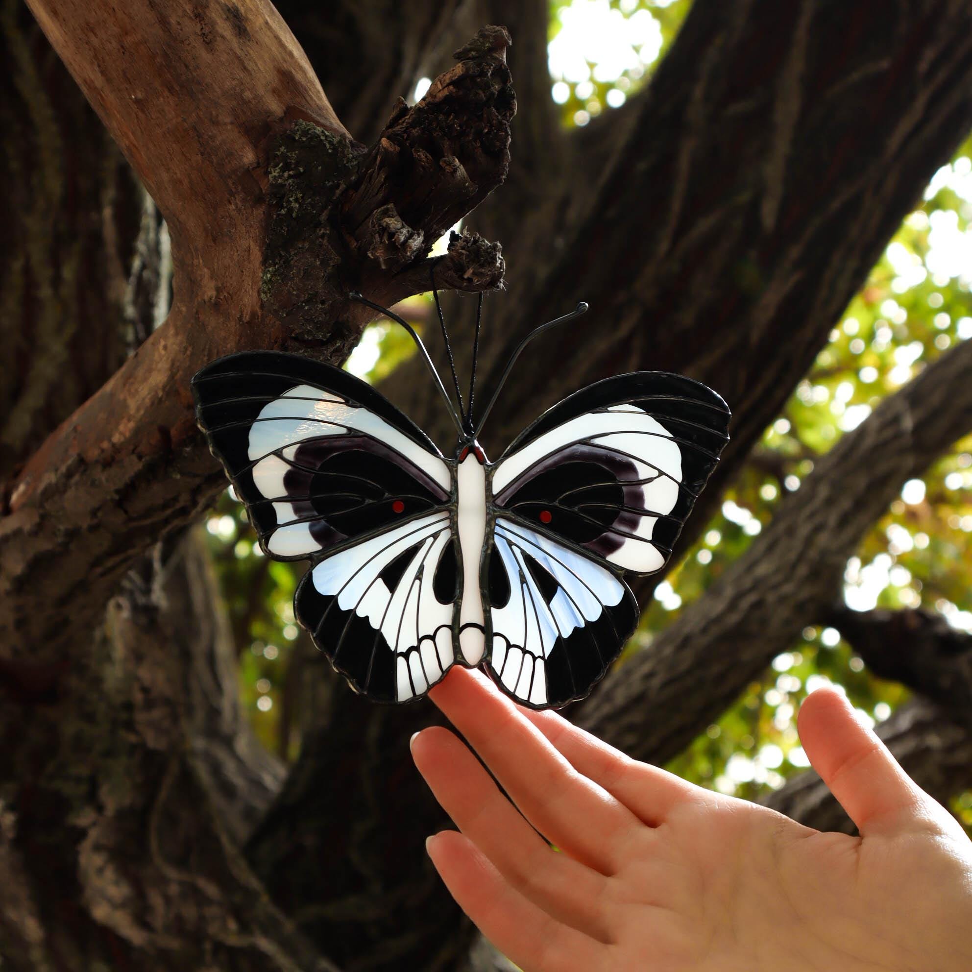 SunStainedGlassUA Skull Butterfly Stained Glass Suncatcher Black White