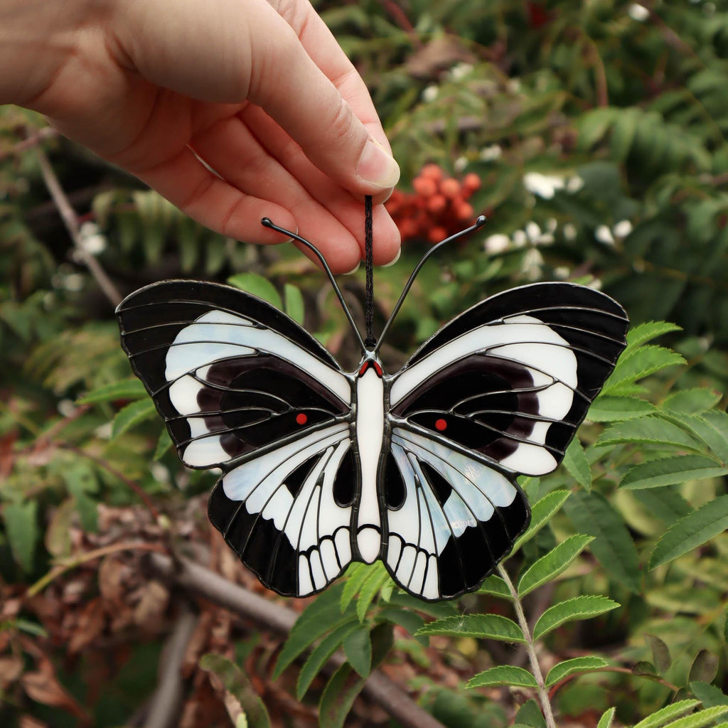 SunStainedGlassUA Skull Butterfly Stained Glass Suncatcher Black White