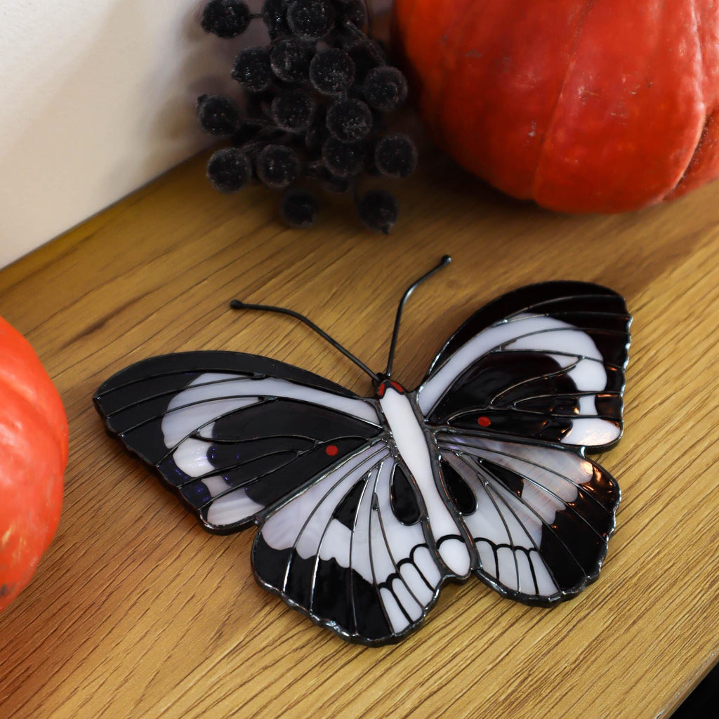 SunStainedGlassUA Skull Butterfly Stained Glass Suncatcher Black White