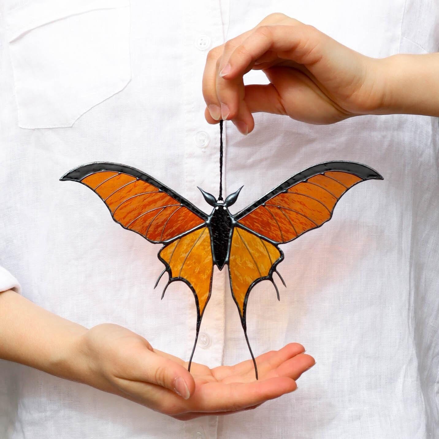 SunStainedGlassUA Bat Butterfly Stained Glass Suncatcher 7.7in Halloween Home Decor