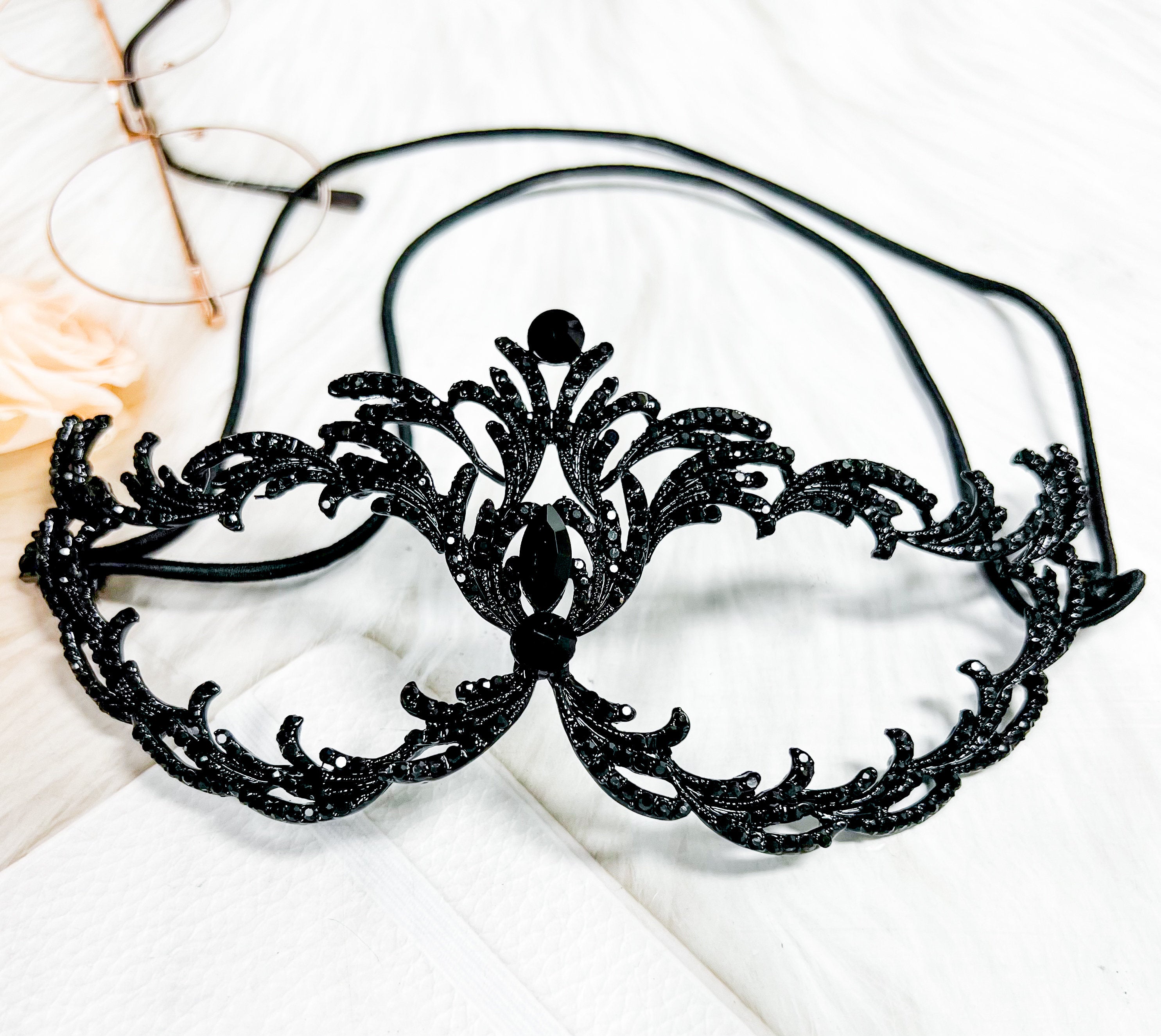 HappyJewelryWorld Black Crystal Masquerade Mask Gothic Rhinestone Eye Mask