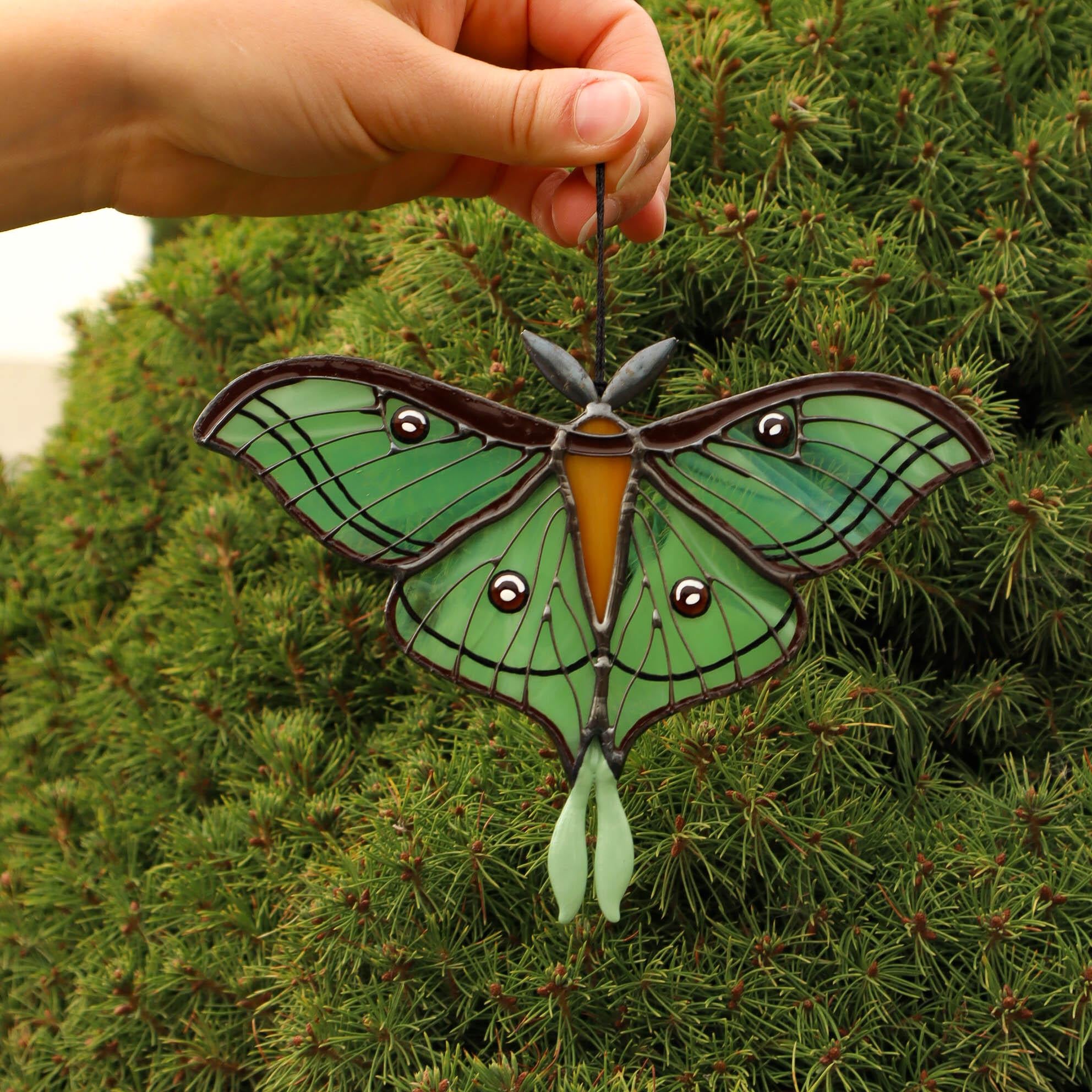 SunStainedGlassUA Spanish Luna Moth Butterfly Stained Glass Suncatcher Green