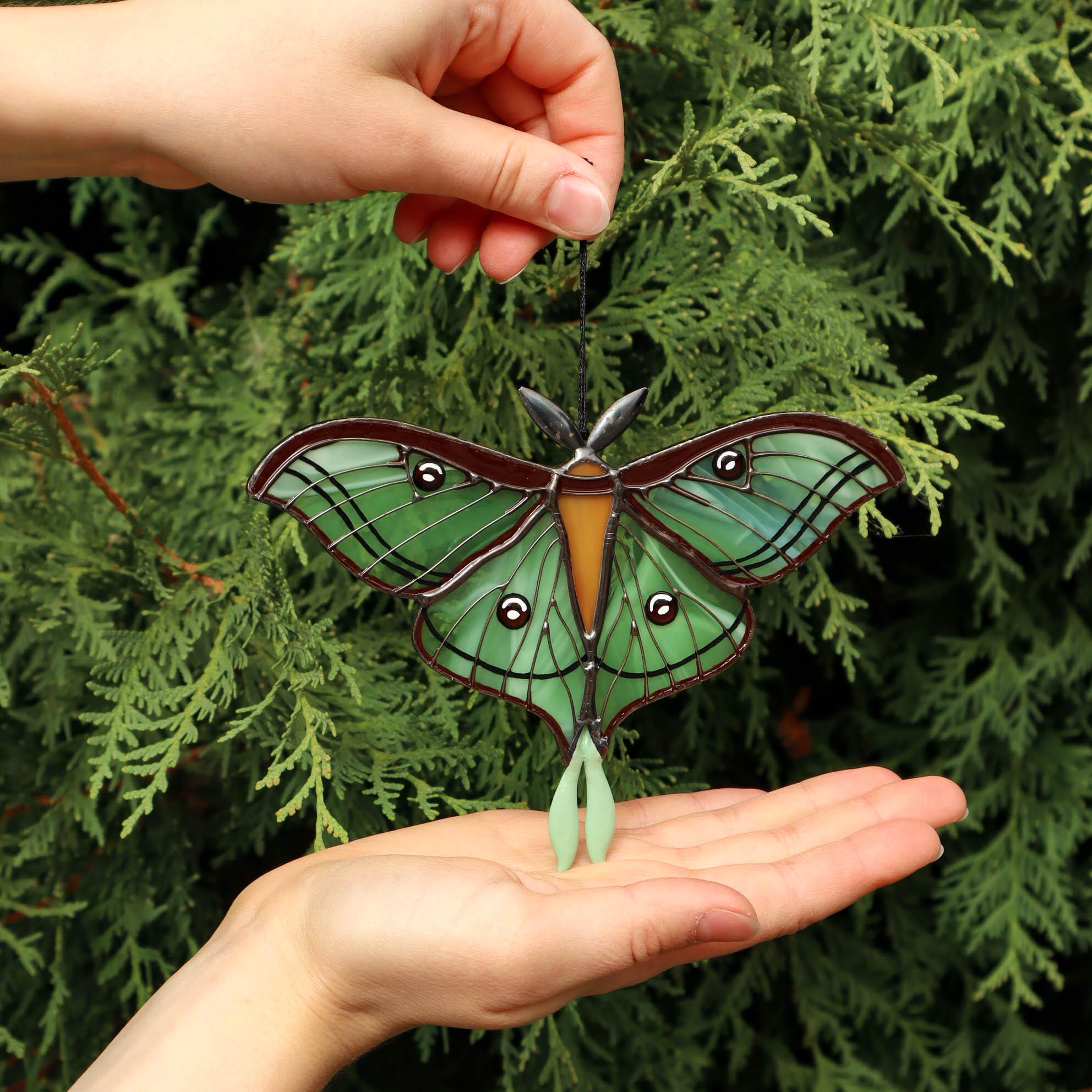 SunStainedGlassUA Spanish Luna Moth Butterfly Stained Glass Suncatcher Green