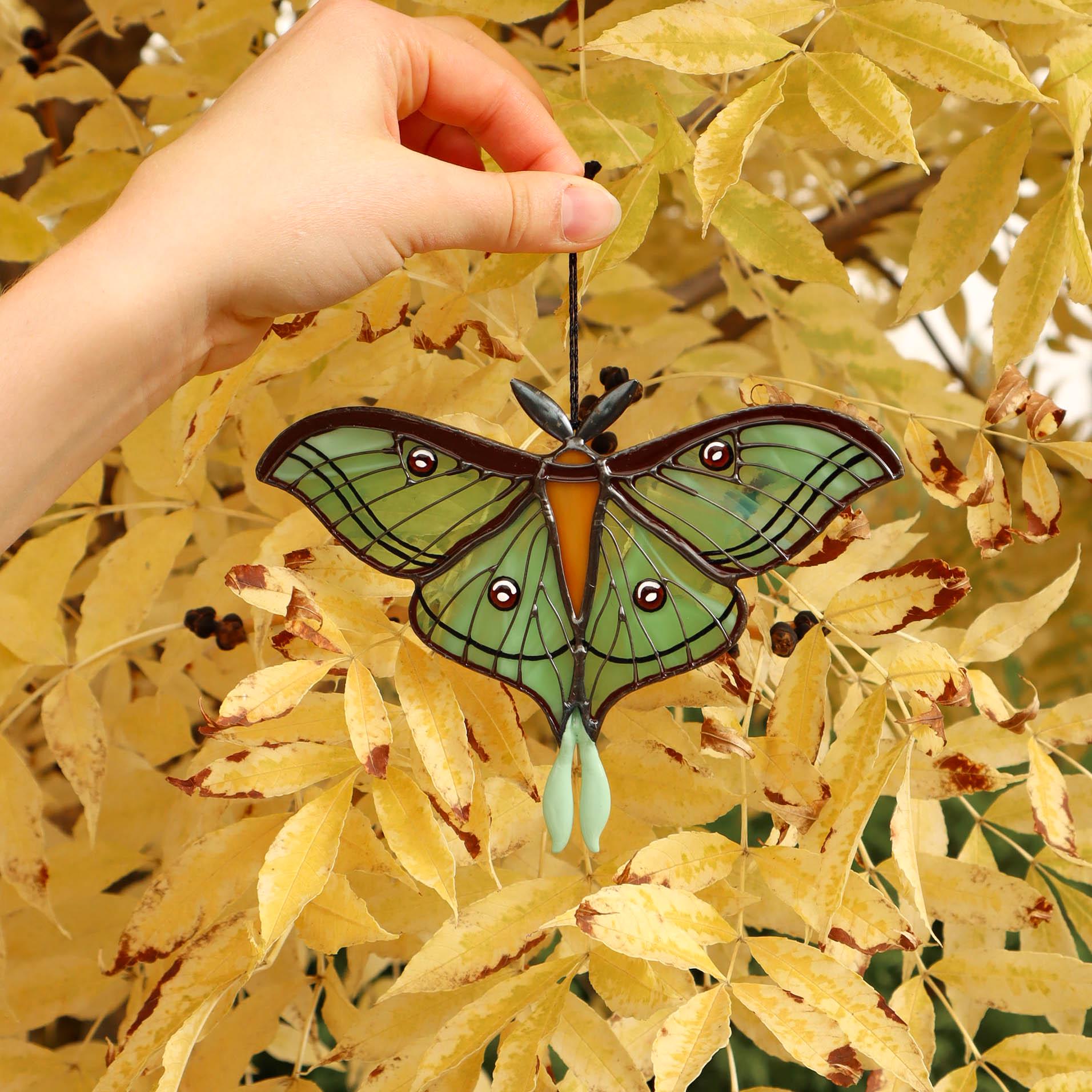 SunStainedGlassUA Spanish Luna Moth Butterfly Stained Glass Suncatcher Green