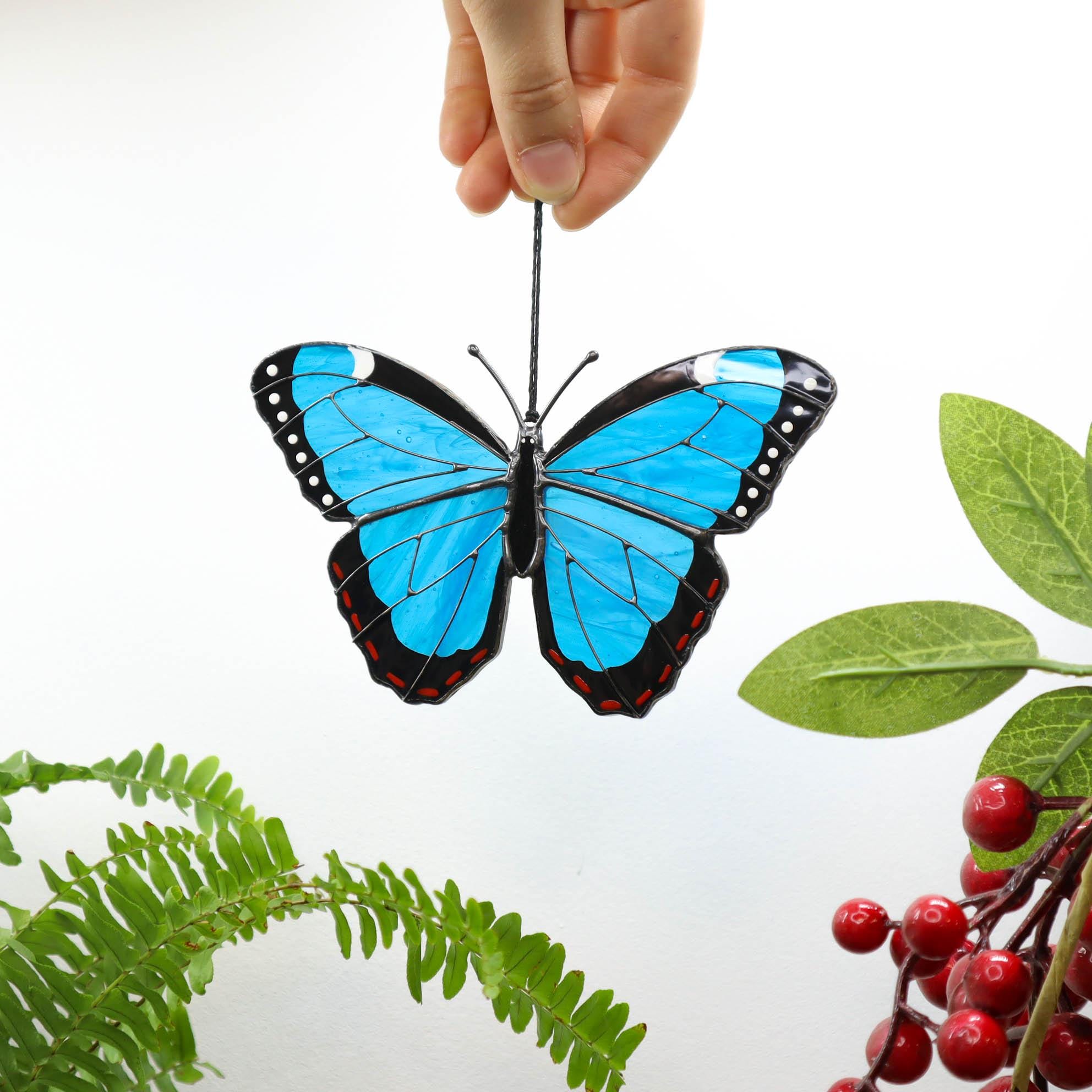 SunStainedGlassUA Peleides Blue Morpho Stained Glass Suncatcher
