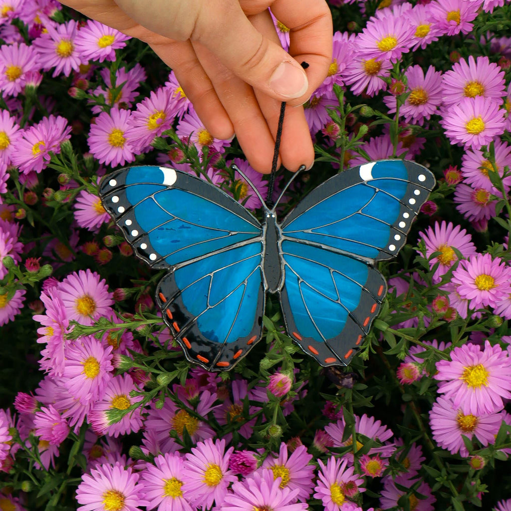 SunStainedGlassUA Peleides Blue Morpho Stained Glass Suncatcher