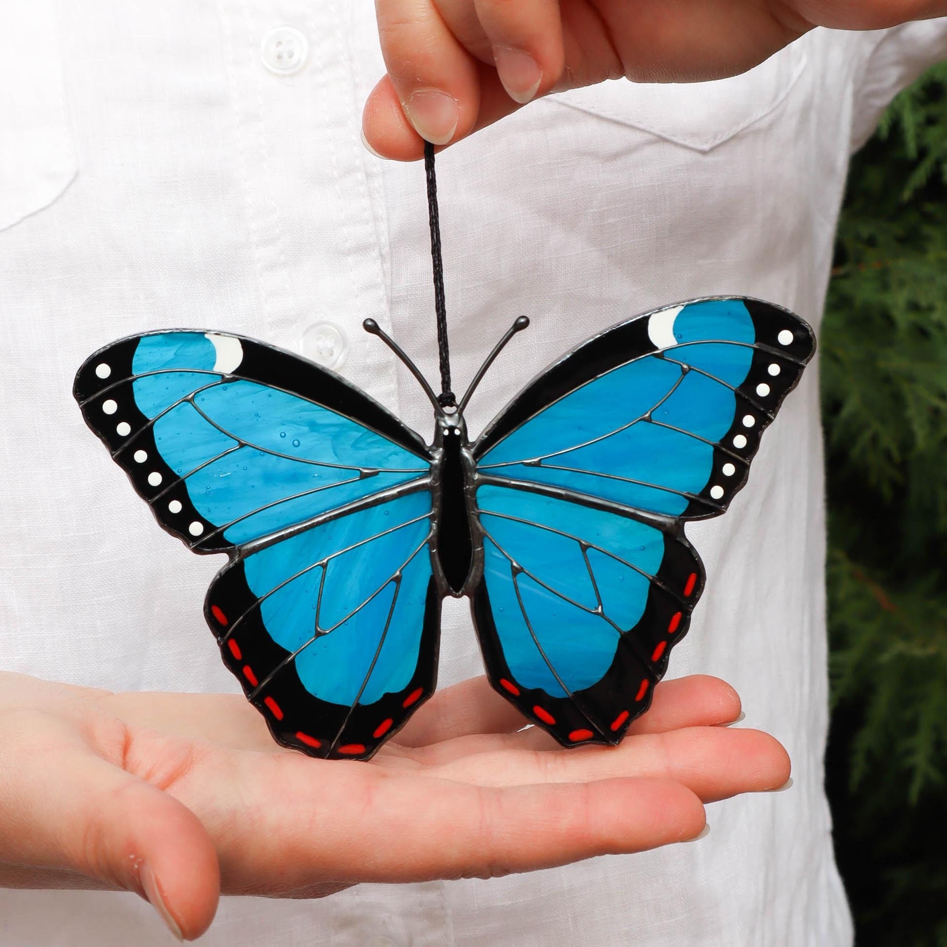 SunStainedGlassUA Peleides Blue Morpho Butterfly Stained Glass Suncatcher 5.4in