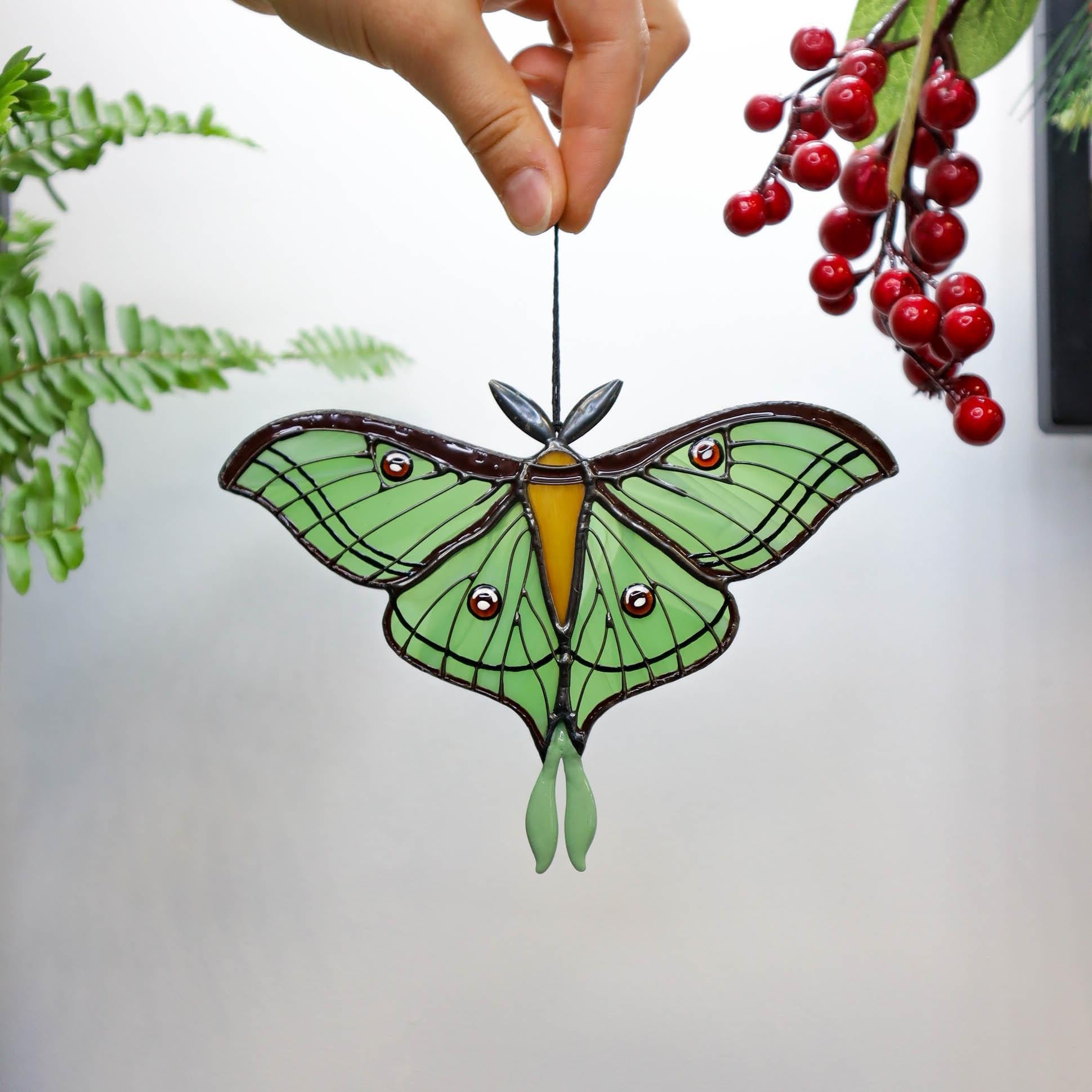 SunStainedGlassUA Spanish Luna Moth Stained Glass Suncatcher 6in Green