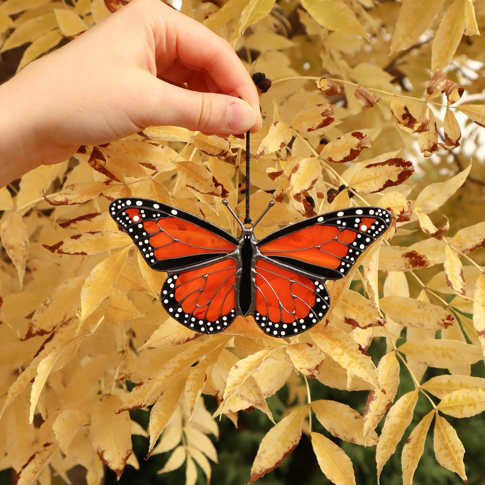 SunStainedGlassUA Monarch Butterfly Stained Glass Suncatcher Orange