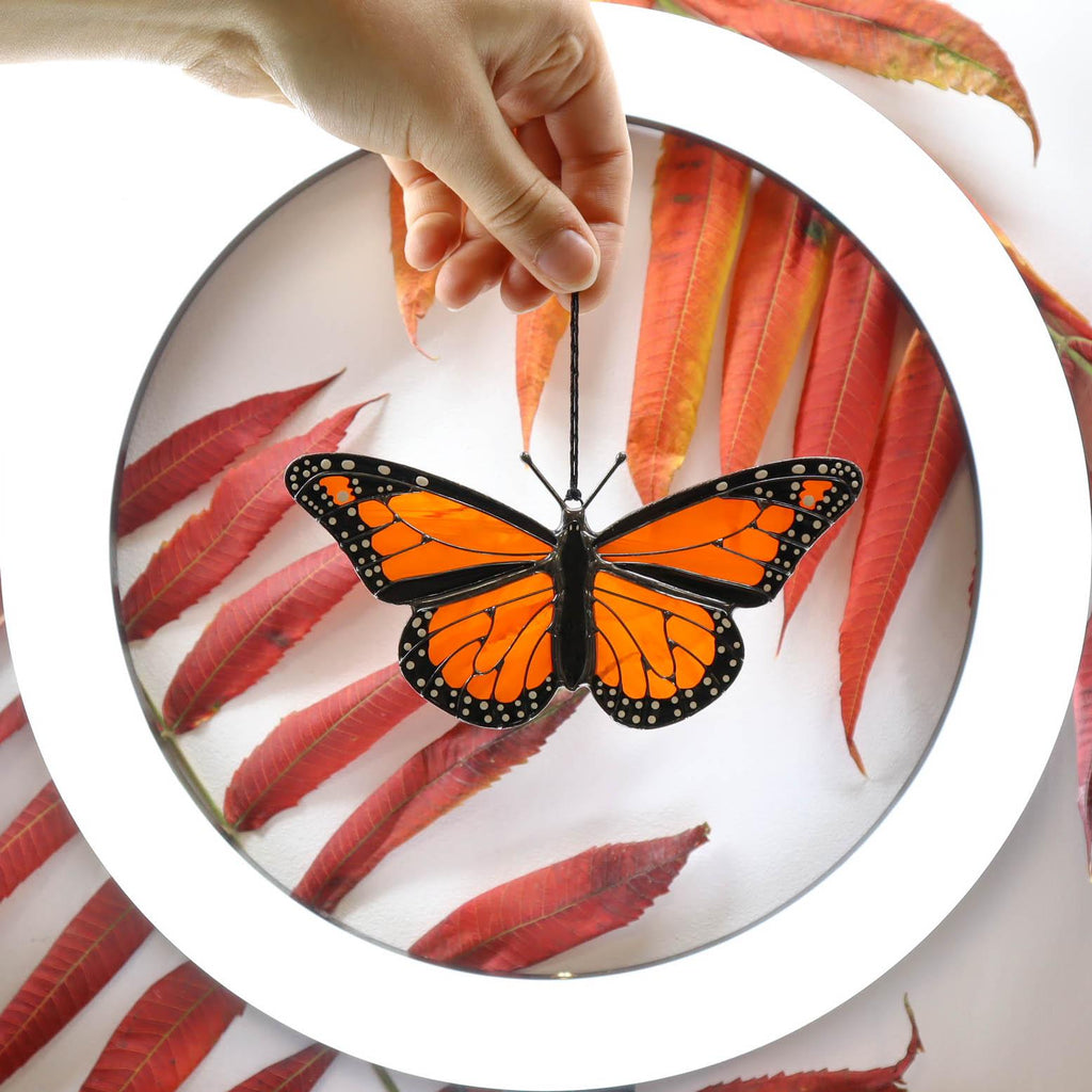 SunStainedGlassUA Monarch Butterfly Stained Glass Suncatcher Orange