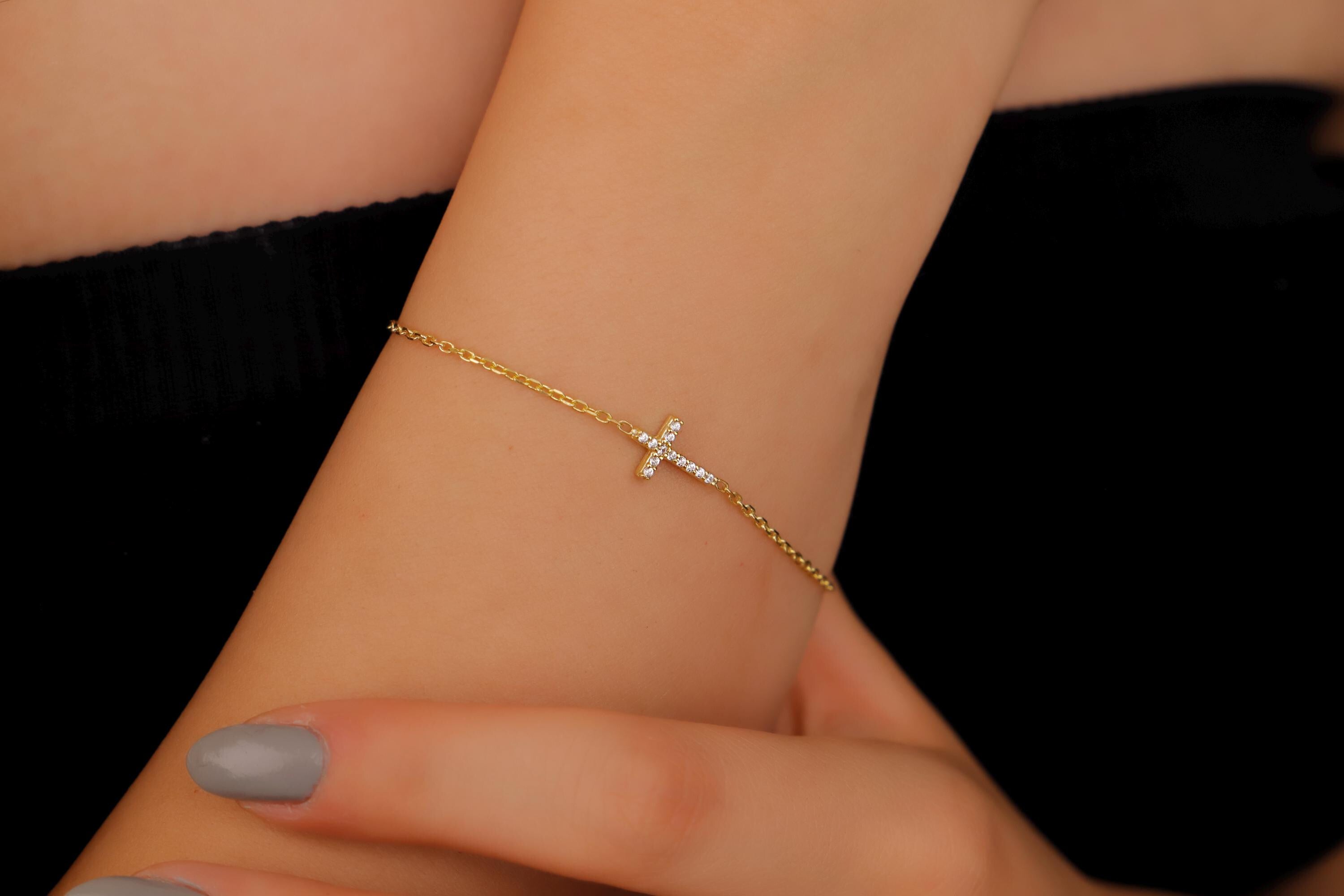 SilverGoldandRose Dainty Diamond Cross Bracelet 925 Sterling Silver Chain