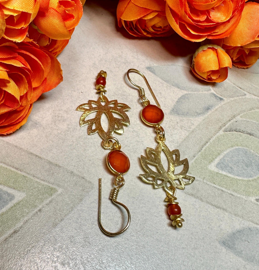 Red Onyx and Gold Tone Lotus Blossom Dangle Earrings