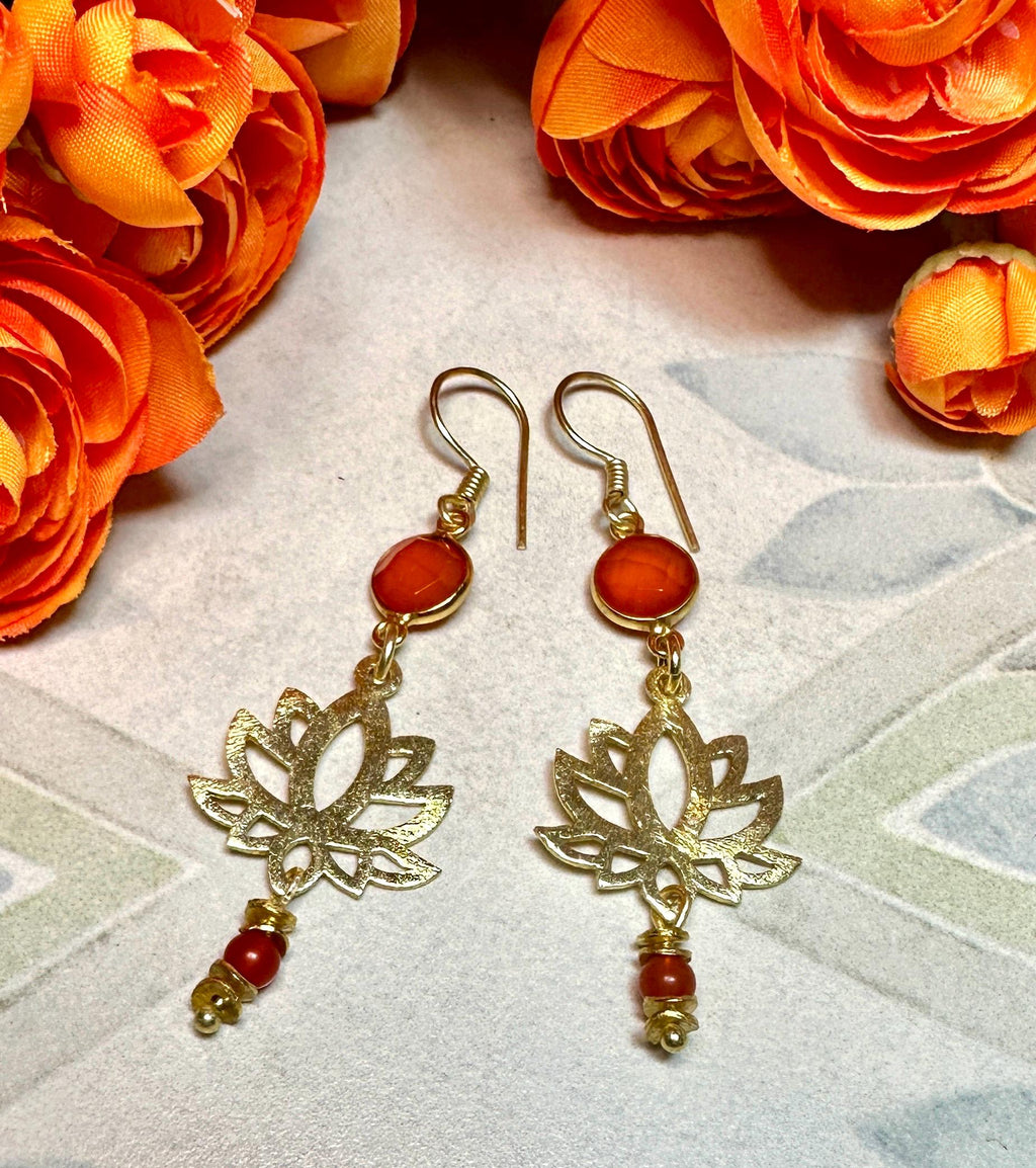 Red Onyx and Gold Tone Lotus Blossom Dangle Earrings