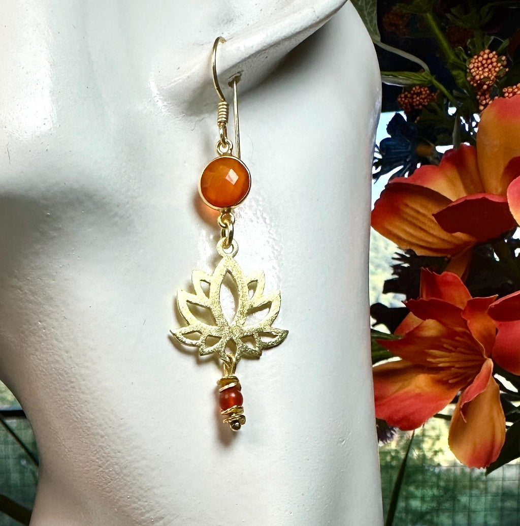 Red Onyx and Gold Tone Lotus Blossom Dangle Earrings