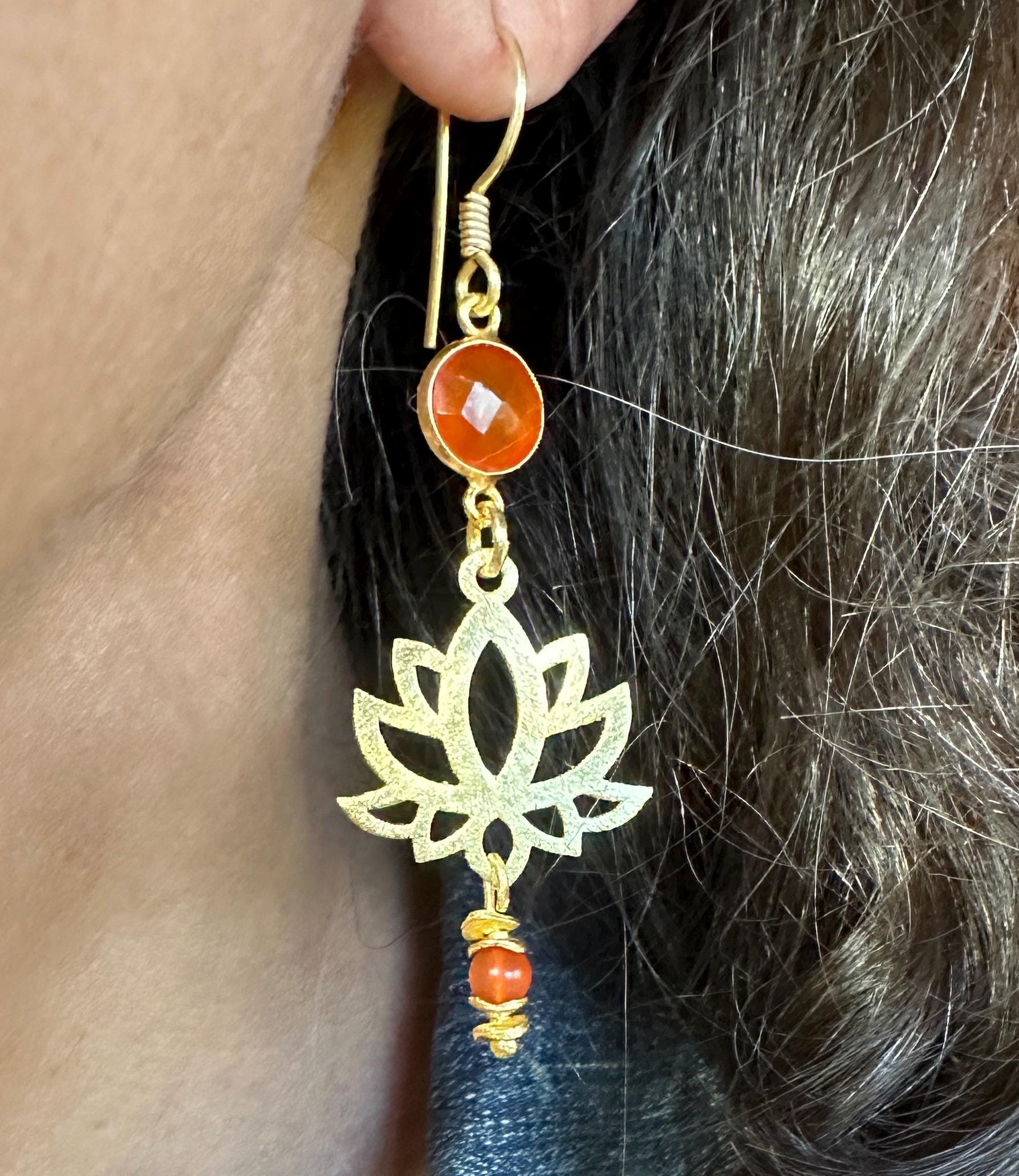 Red Onyx and Gold Tone Lotus Blossom Dangle Earrings
