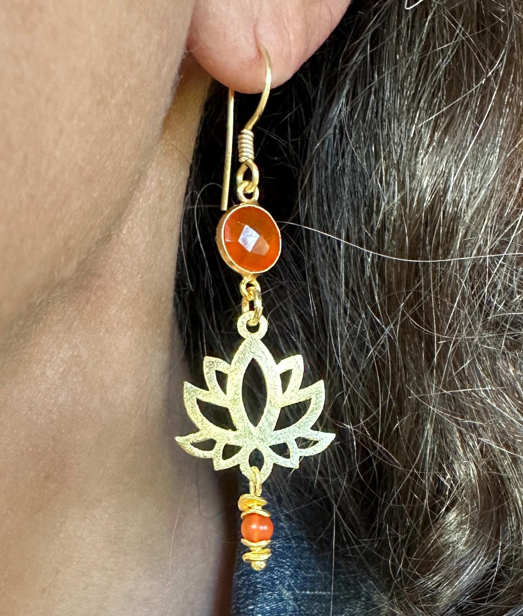 Red Onyx and Gold Tone Lotus Blossom Dangle Earrings