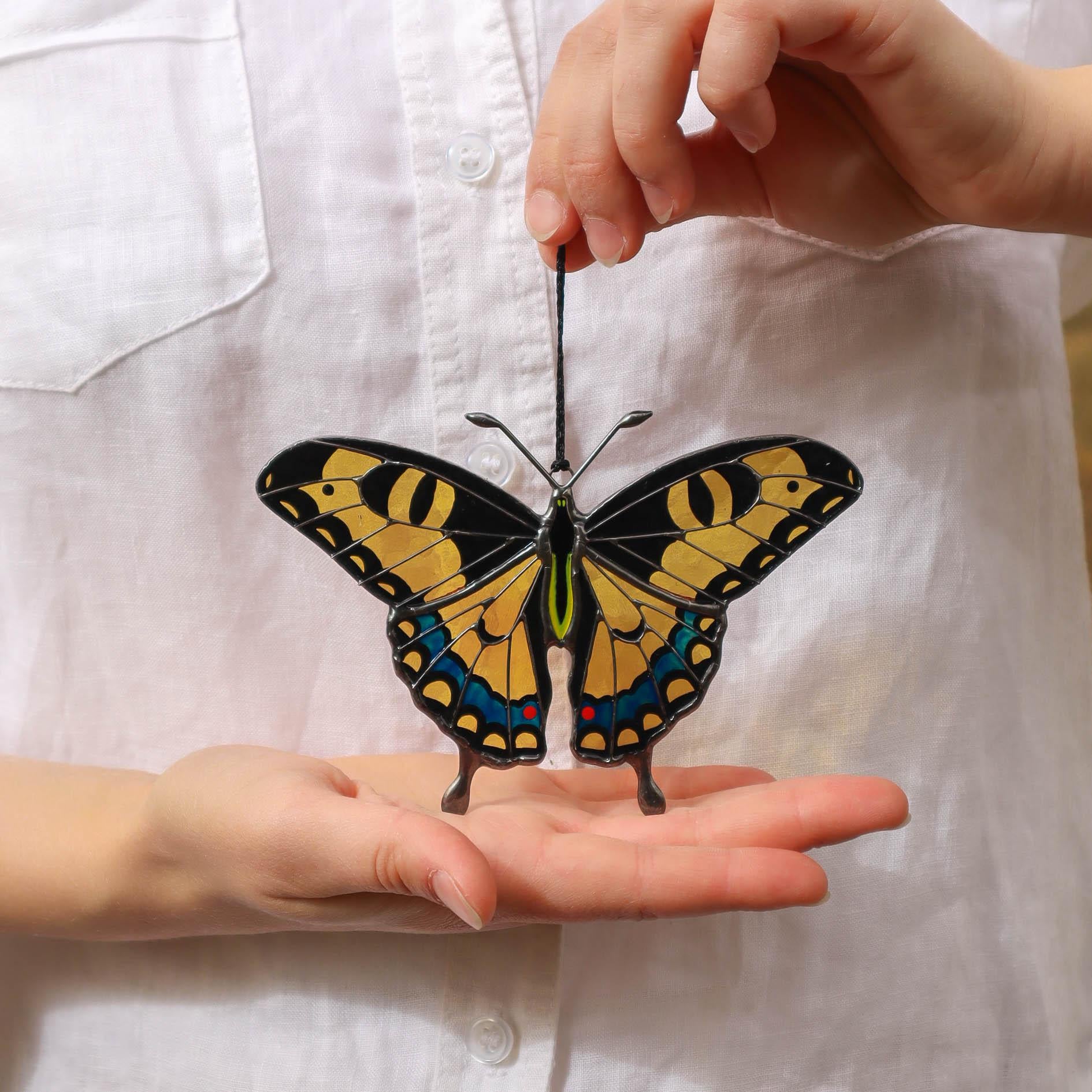 SunStainedGlassUA Yellow Swallowtail Butterfly Stained Glass Suncatcher