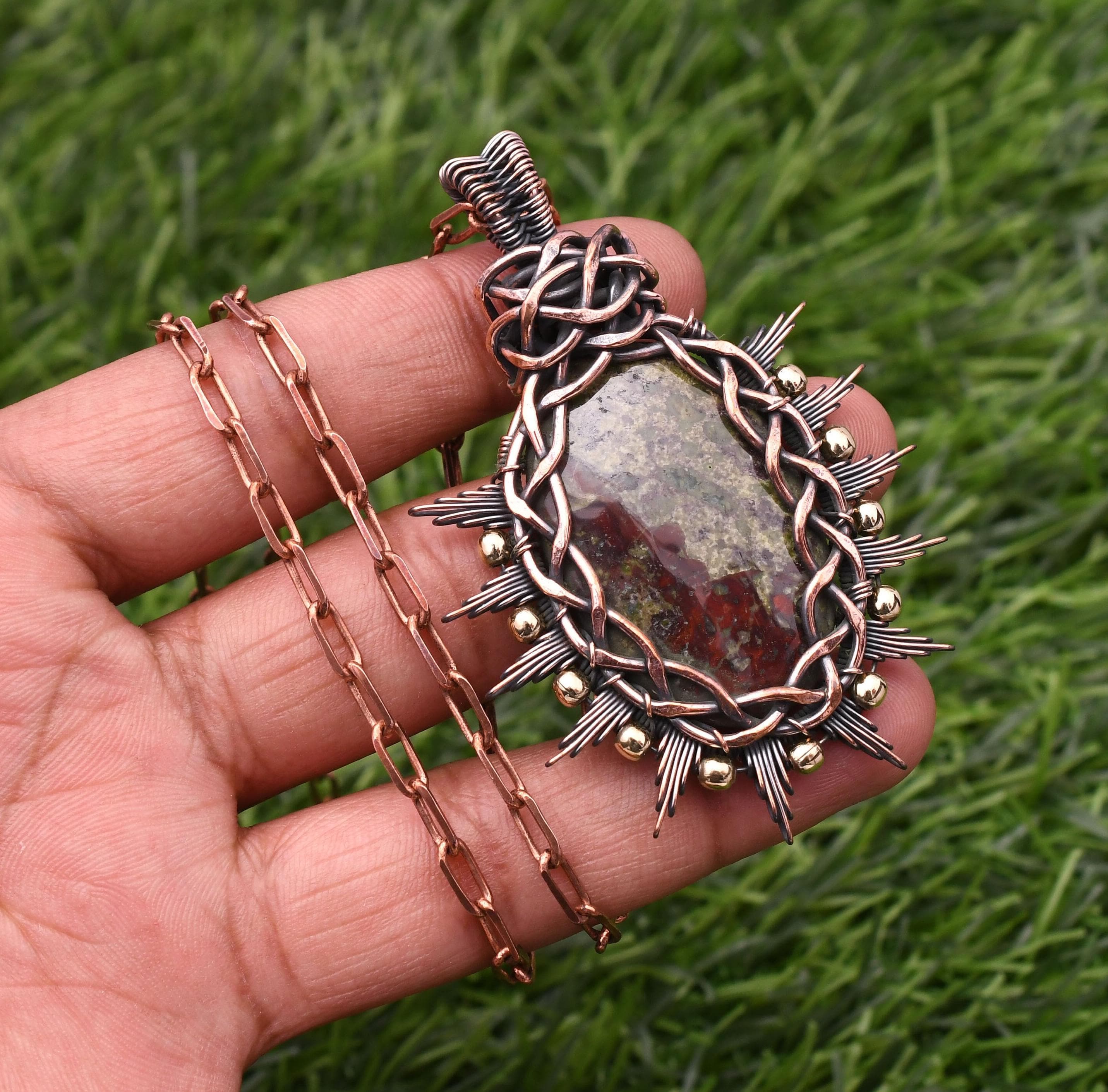 EkkJewels Dragon Blood Jasper Pendant Necklace, Handmade Copper Wire Wrapped