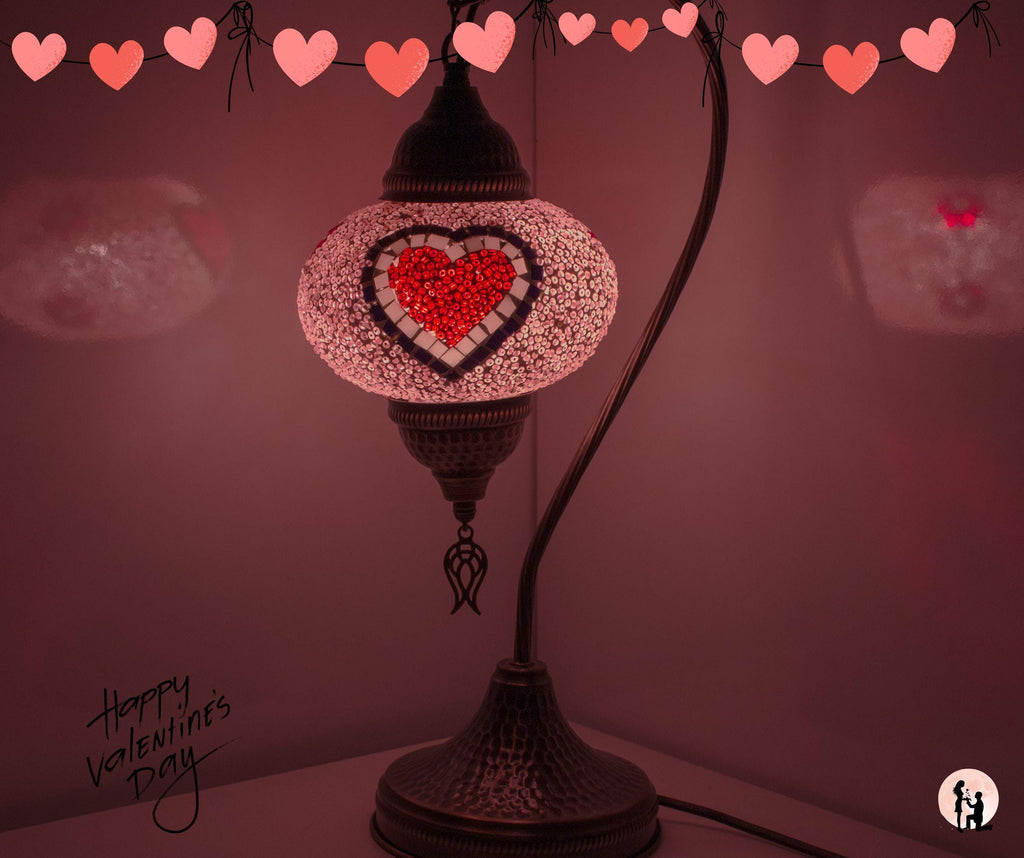 MoslandHome Handmade Turkish Mosaic Love Glass Table Lamp Heart 16.5in
