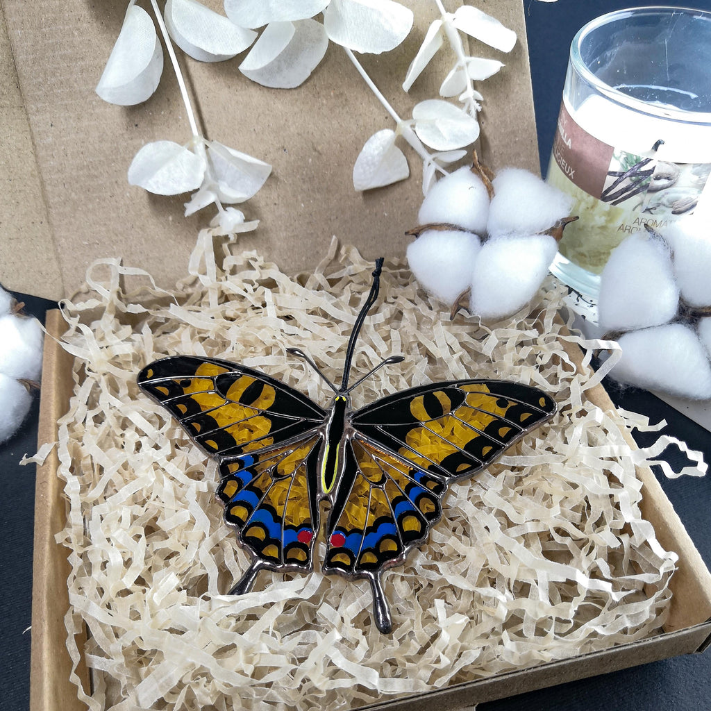 SunStainedGlassUA Yellow Swallowtail Butterfly Stained Glass Suncatcher
