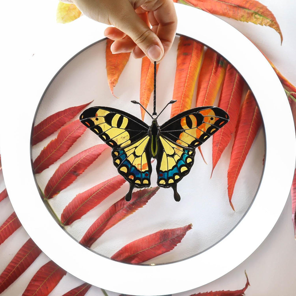 SunStainedGlassUA Yellow Swallowtail Butterfly Stained Glass Suncatcher