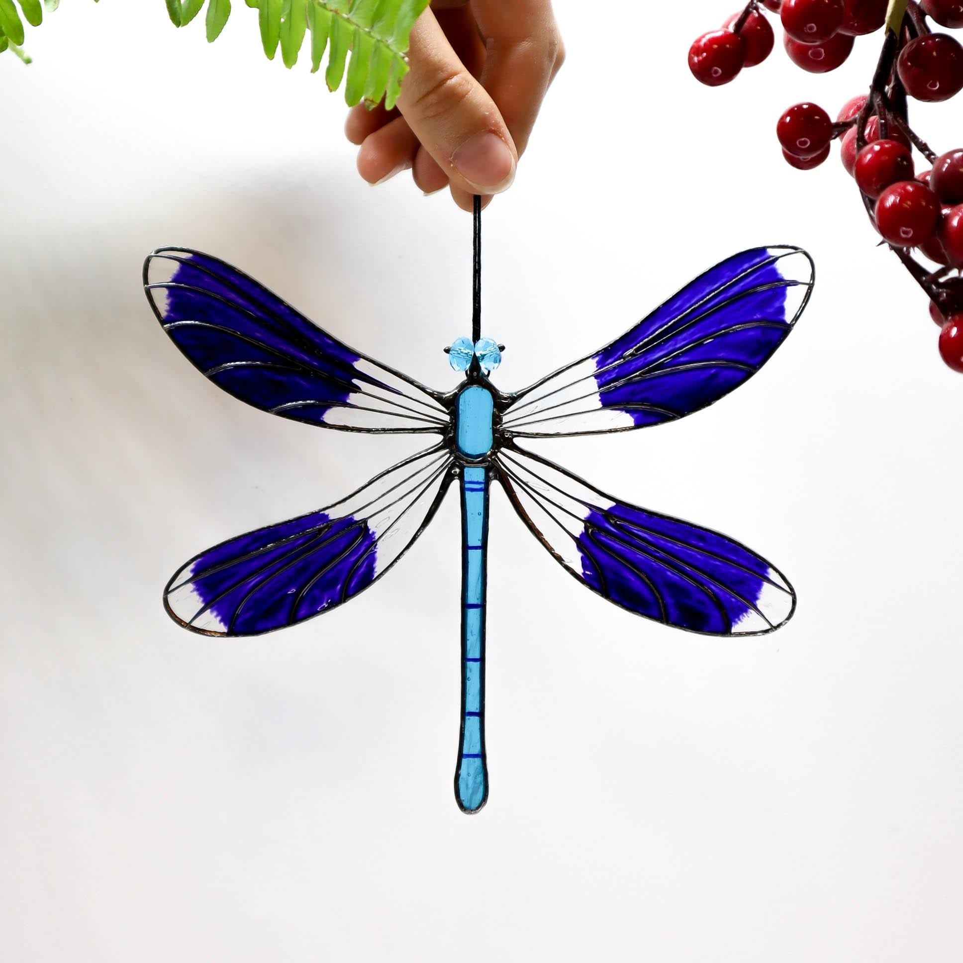 SunStainedGlassUA Handmade Tiffany Stained Glass Dragonfly Suncatcher Blue