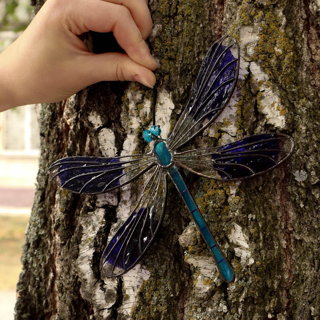 SunStainedGlassUA Handmade Tiffany Stained Glass Dragonfly Suncatcher Blue