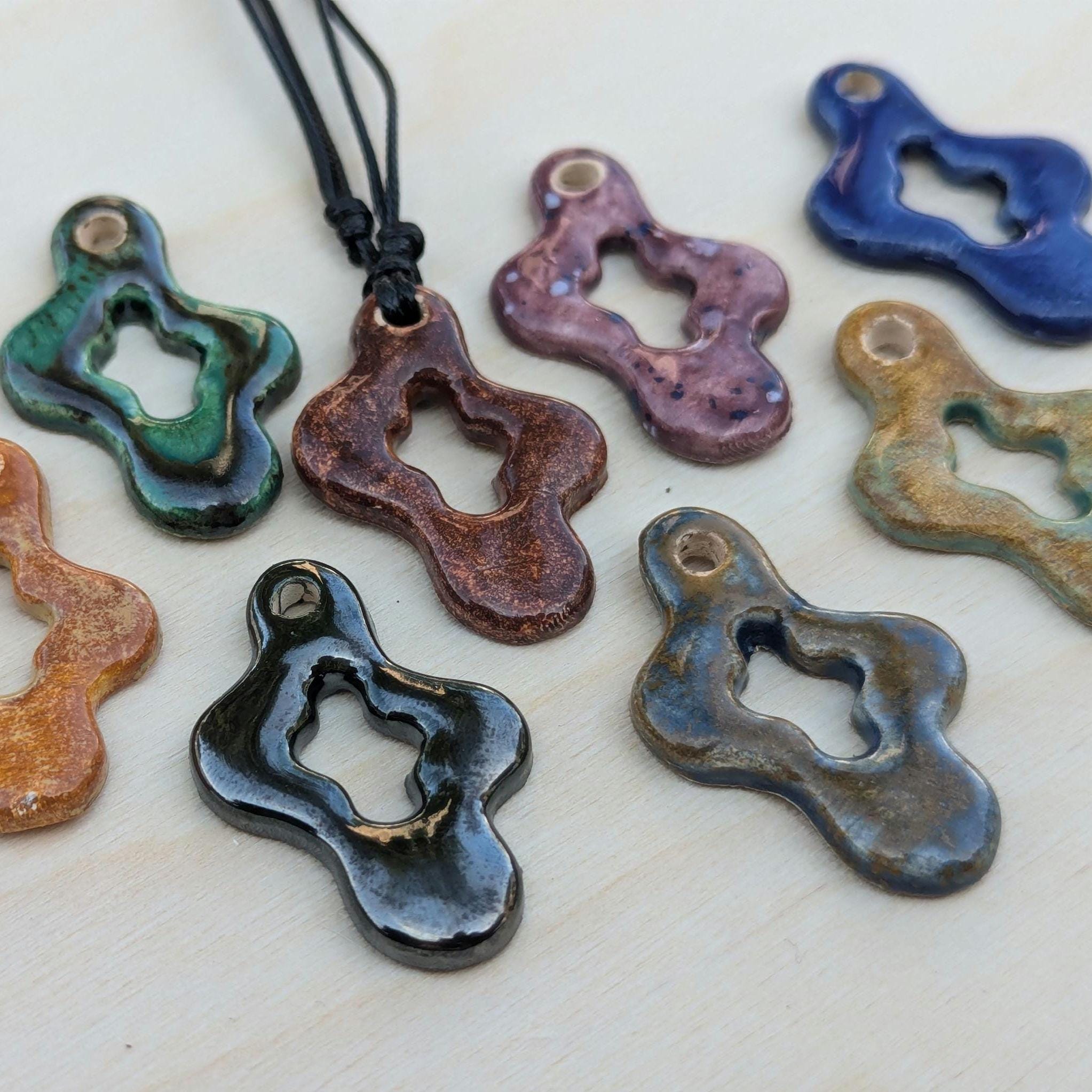 NoctemPottery Ceramic Wavy Star Pendant Necklace Adjustable Black Cord
