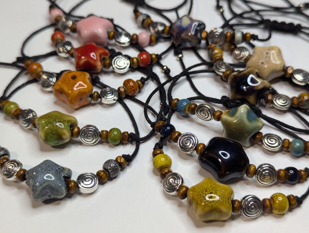 NoctemPottery Ceramic Star Spiral Beaded Bracelet 10in Black Cord